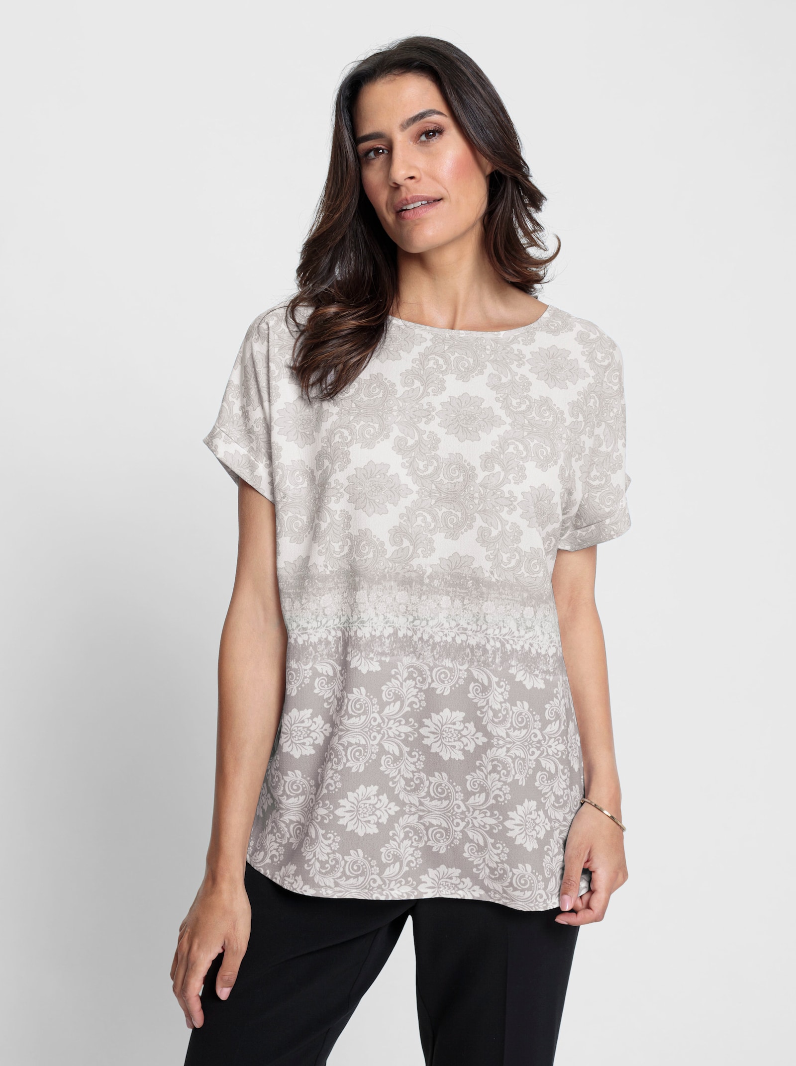 Druckbluse mit fixiertem Ärmelaufschlag - hellgrau-ecru-bedruckt