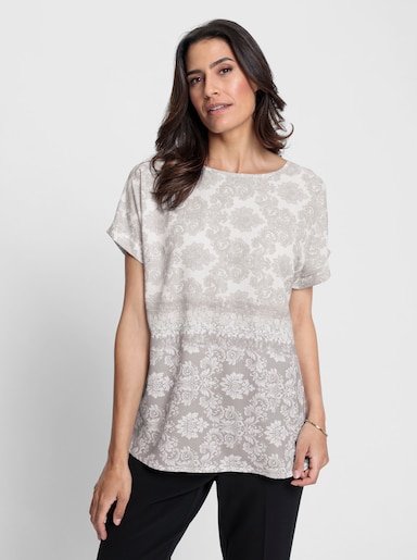 Druckbluse mit fixiertem Ärmelaufschlag - hellgrau-ecru-bedruckt
