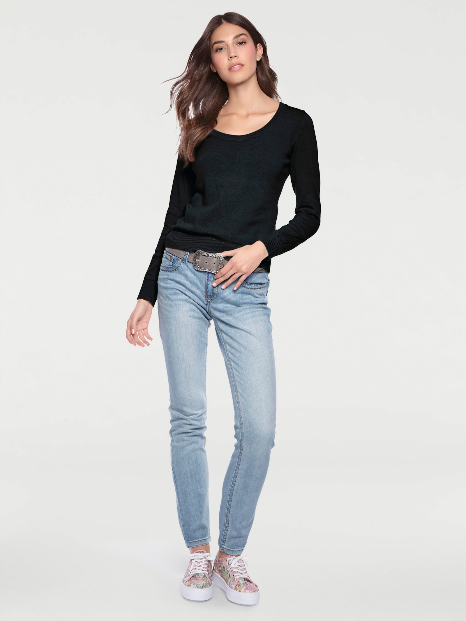 heine Pullover van fijntricot met ronde hals - zwart