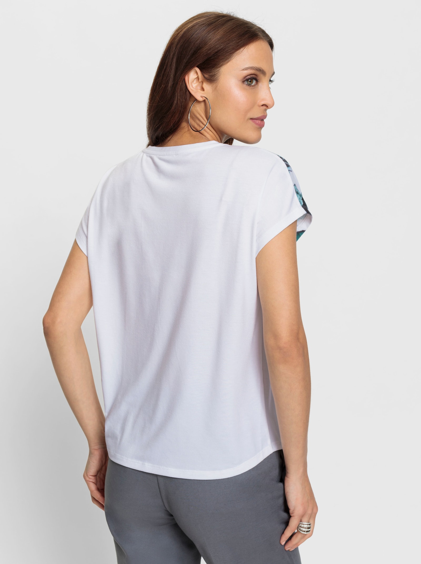 Tričko, okr.výstr., vzor listov - Bielo-oceánová potlač