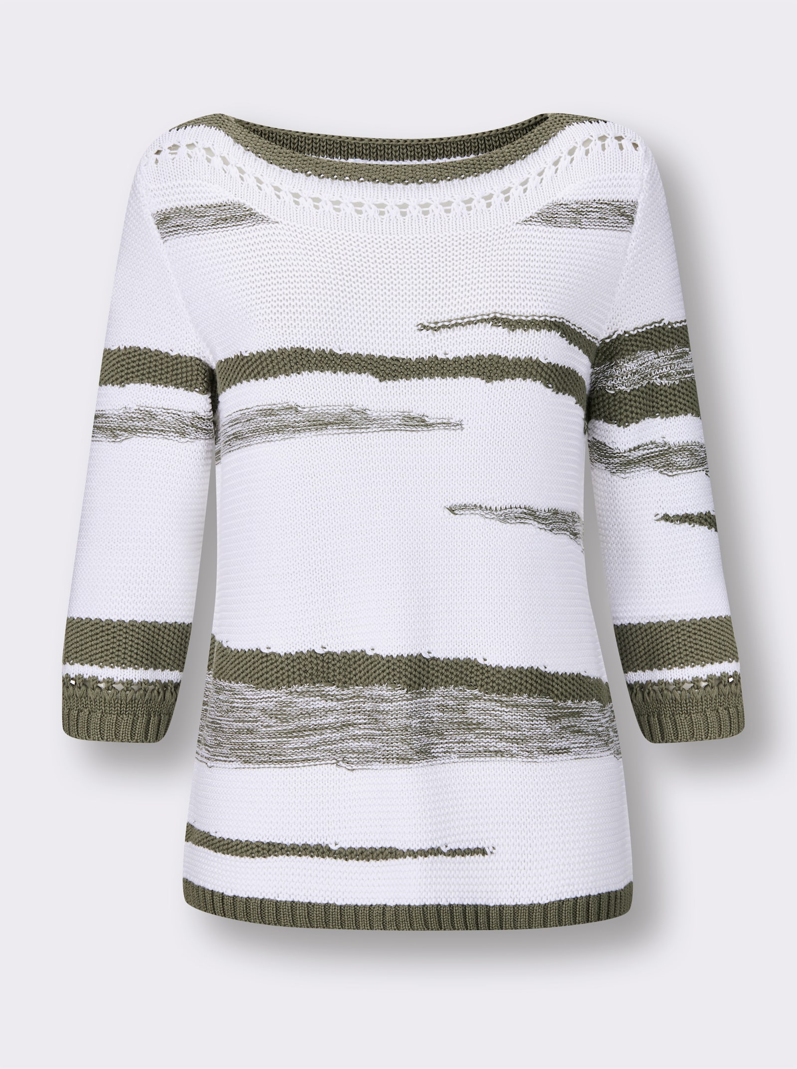  3/4 Arm-Pullover mit Lochmuster - weiß-khaki-gemustert