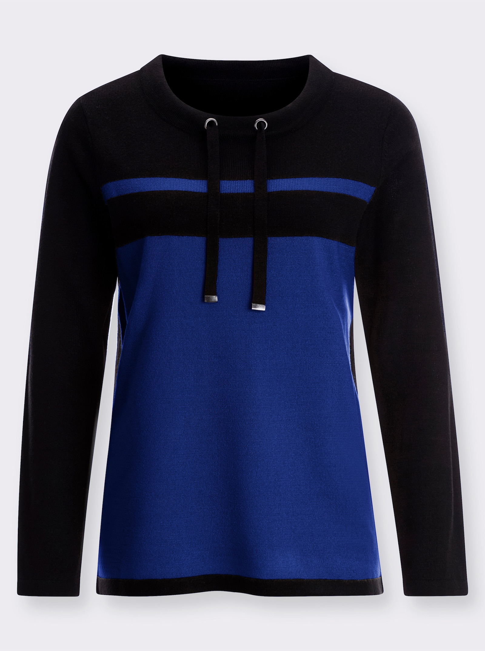 Langarm-Pullover mit Tunnelzug am Rundhals-Ausschnitt - schwarz-royalblau