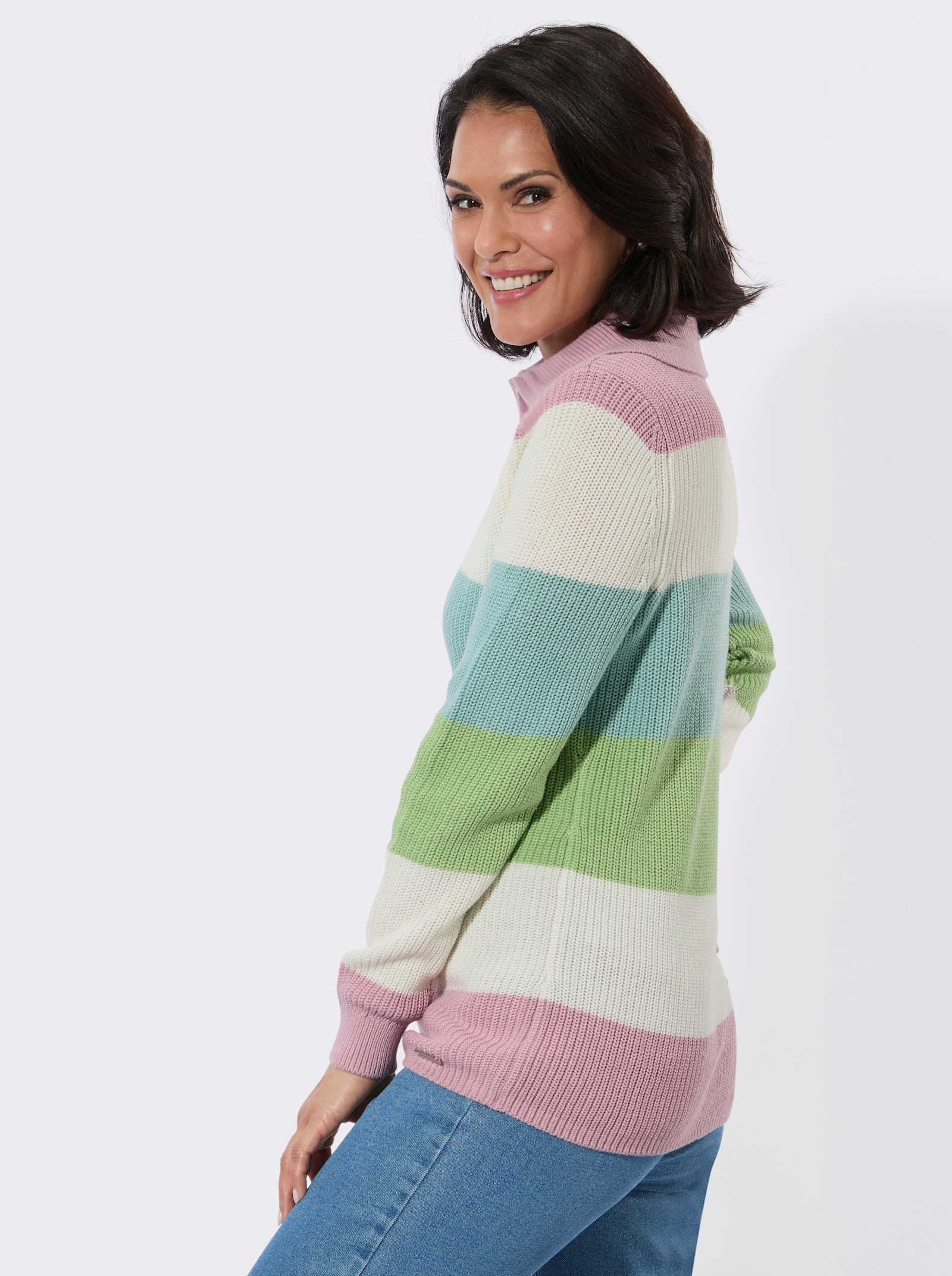 Rundhalspullover in Colour-Blocking-Optik - rosé-ecru-geringelt