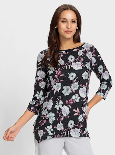 Zipfelshirt im Blüten-Dessin - schwarz-flieder-bedruckt
