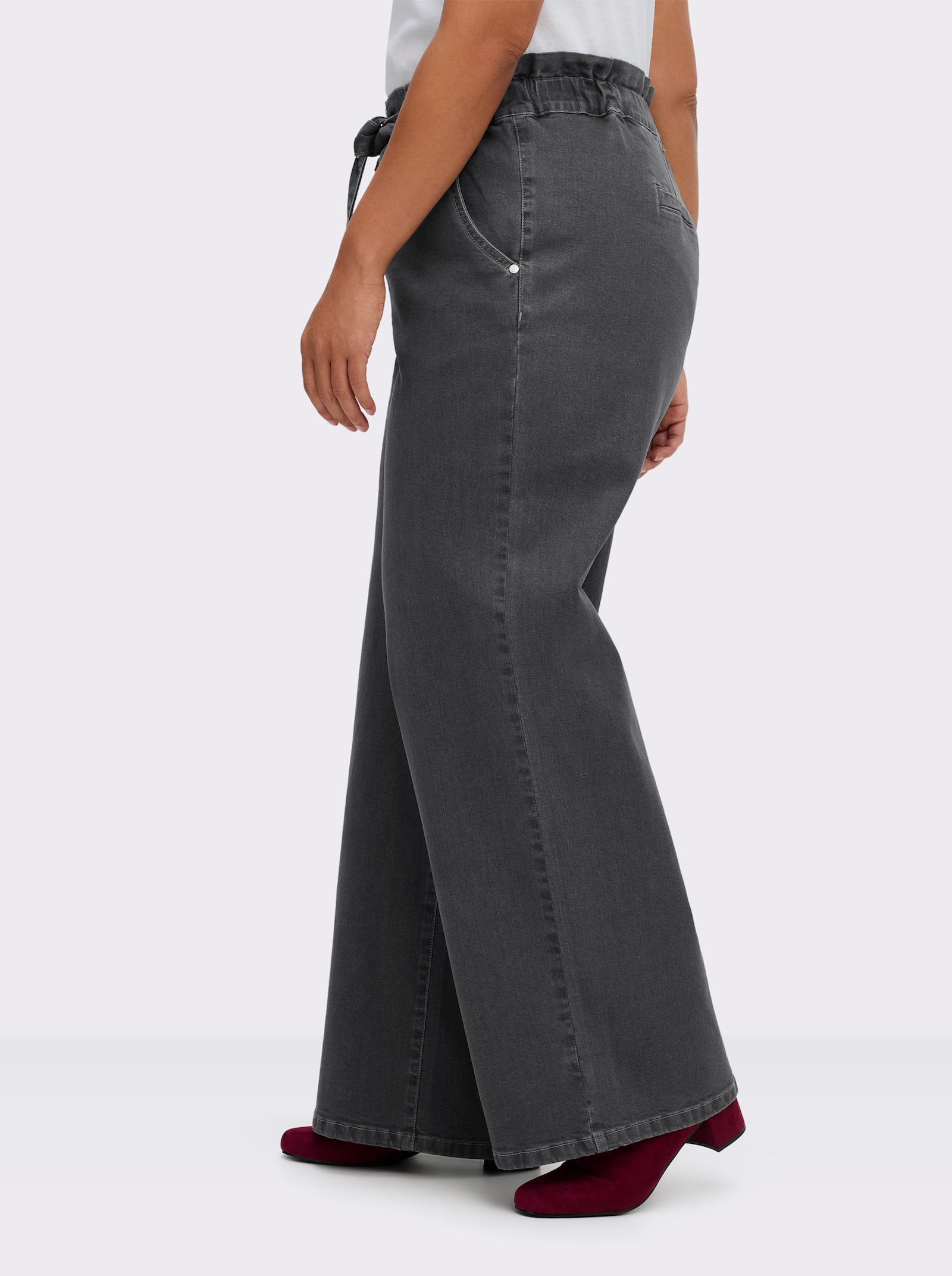 sheego Jeans in paperbaglook, met bindceintuur - antraciet/grey-denim