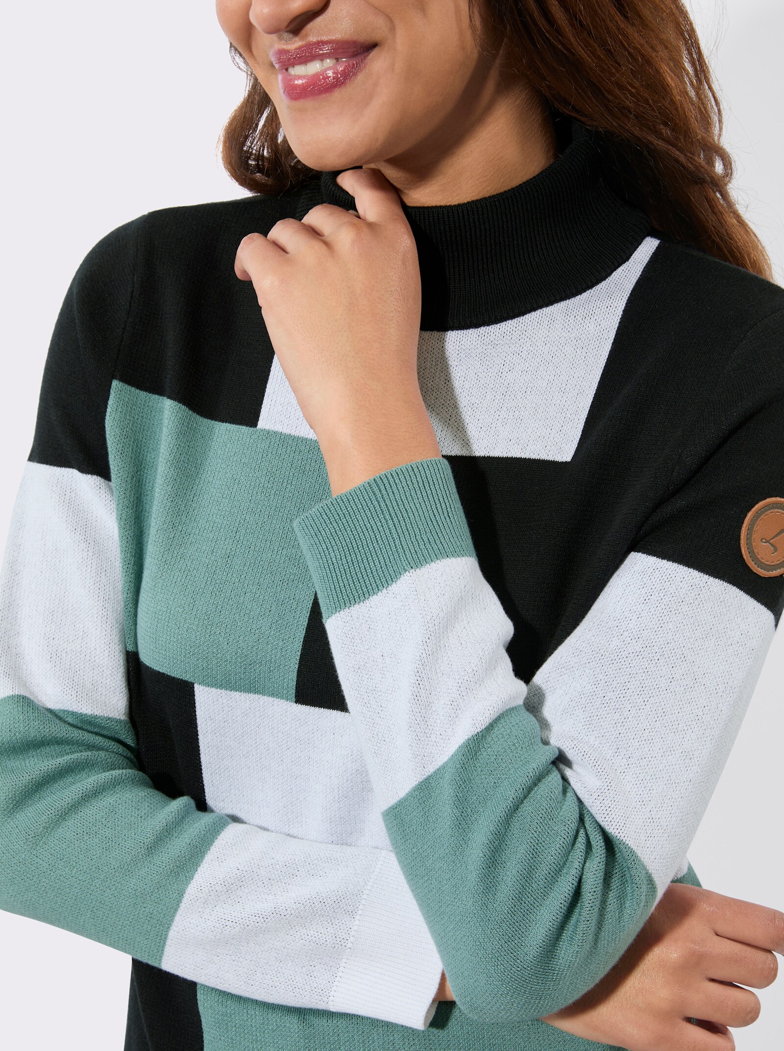 Langarm-Pullover mit Stehkragen - jade-schwarz-gemustert