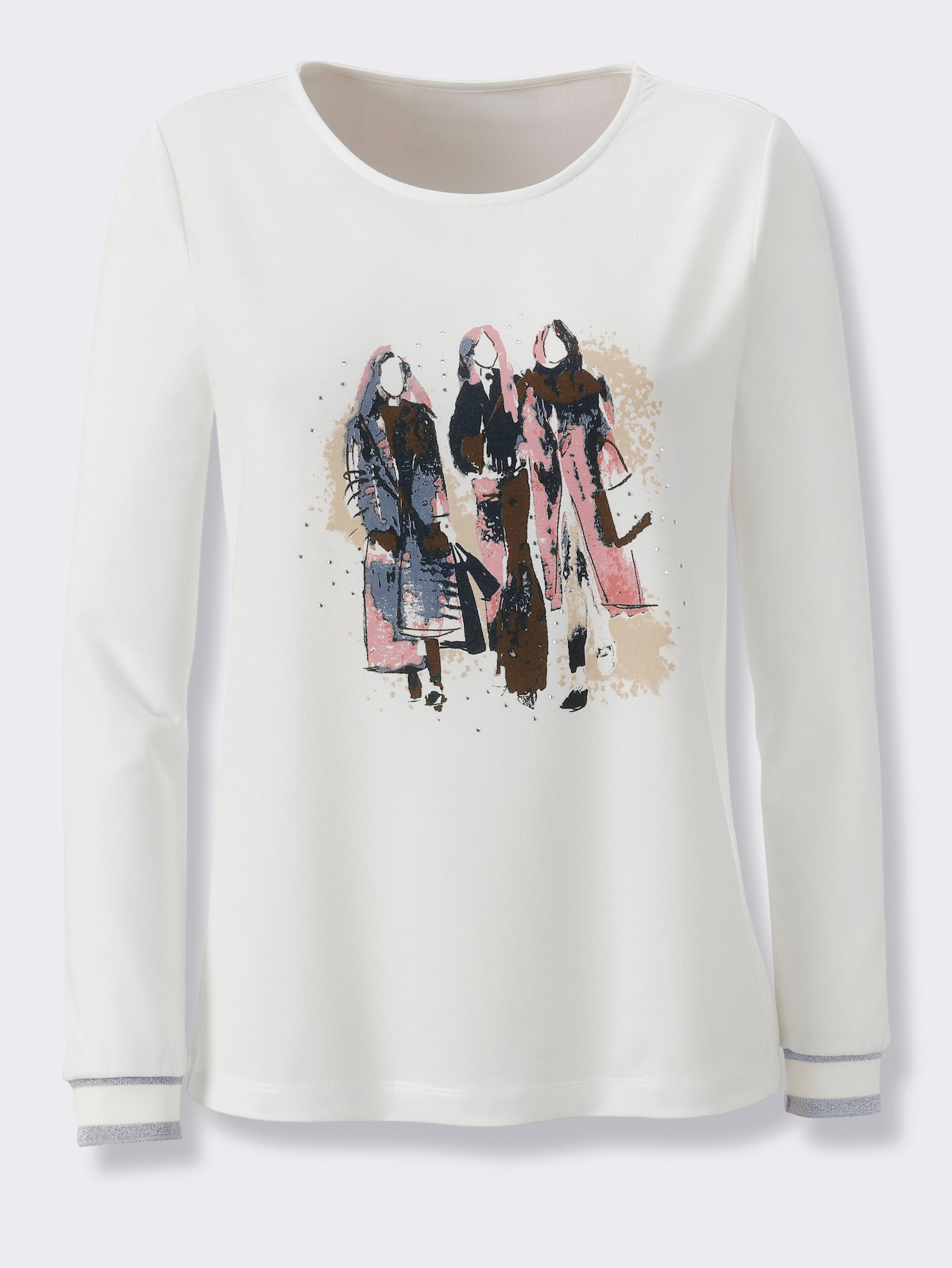 Langarmshirt mit Ziersteinchen - ecru-rosenholz-bedruckt