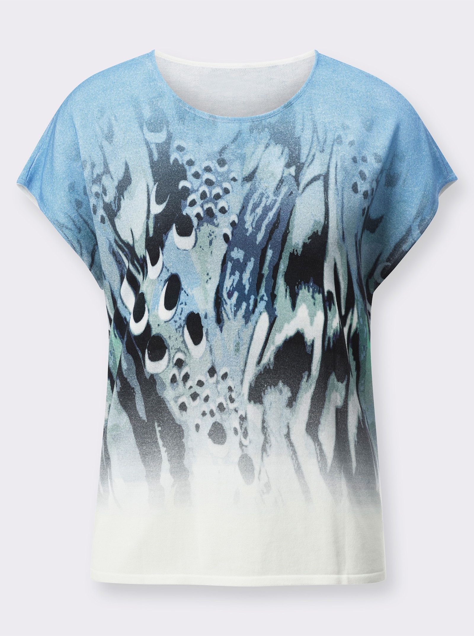 Rundhalspullover im wertigen Baumwoll-Lyocell-Mix - ecru-himmelblau-bedruckt