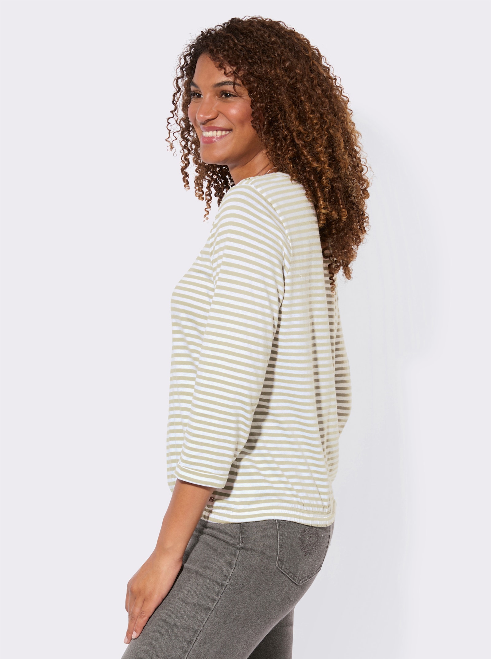 3/4-Arm-Shirt mit Kordel im Saum - sand-weiß-geringelt