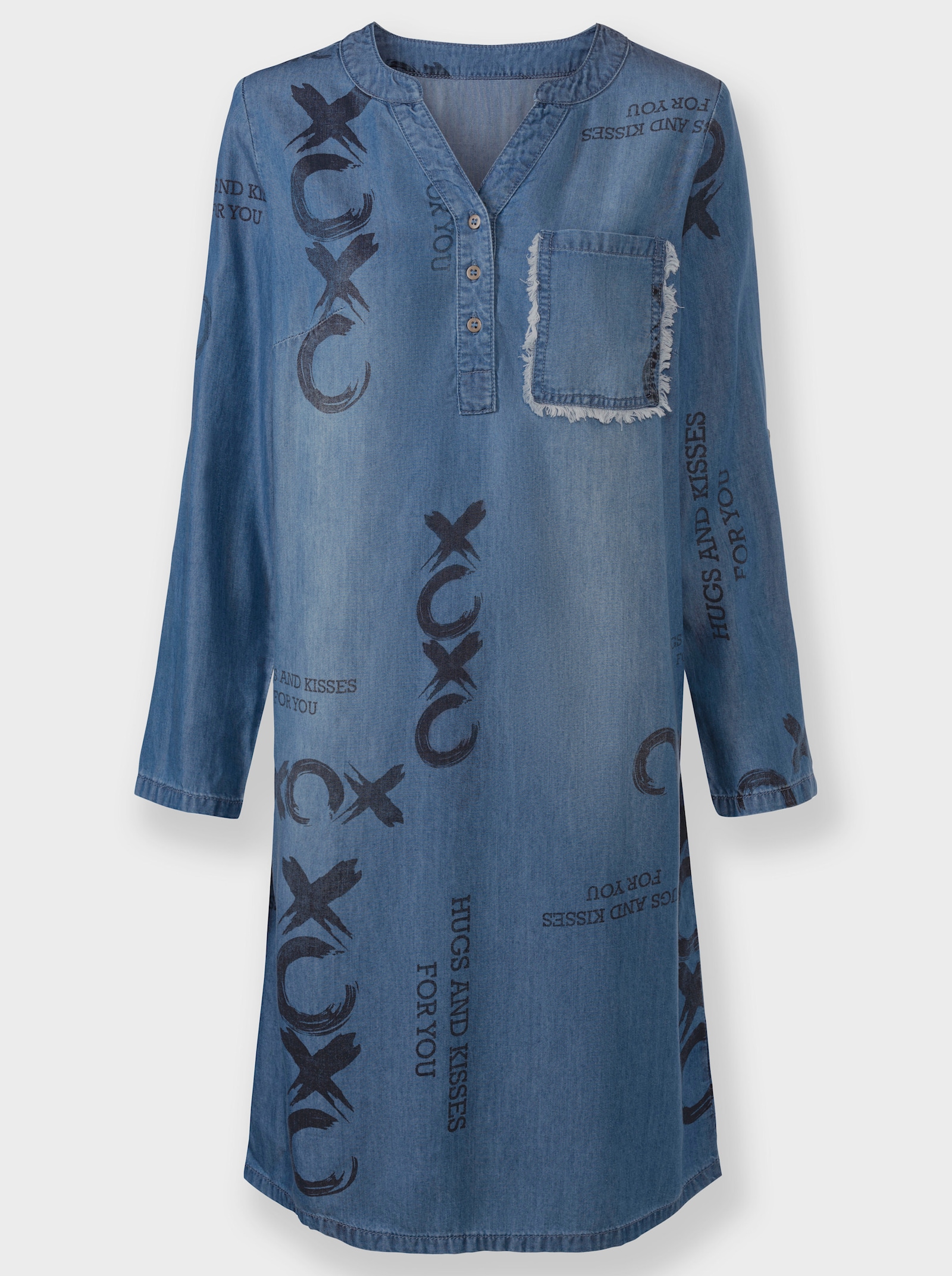 Sommerkleid in temperaturausgleichender, feuchtigkeitsregulierender Qualität - blue-bleached-schwarz-bedruckt