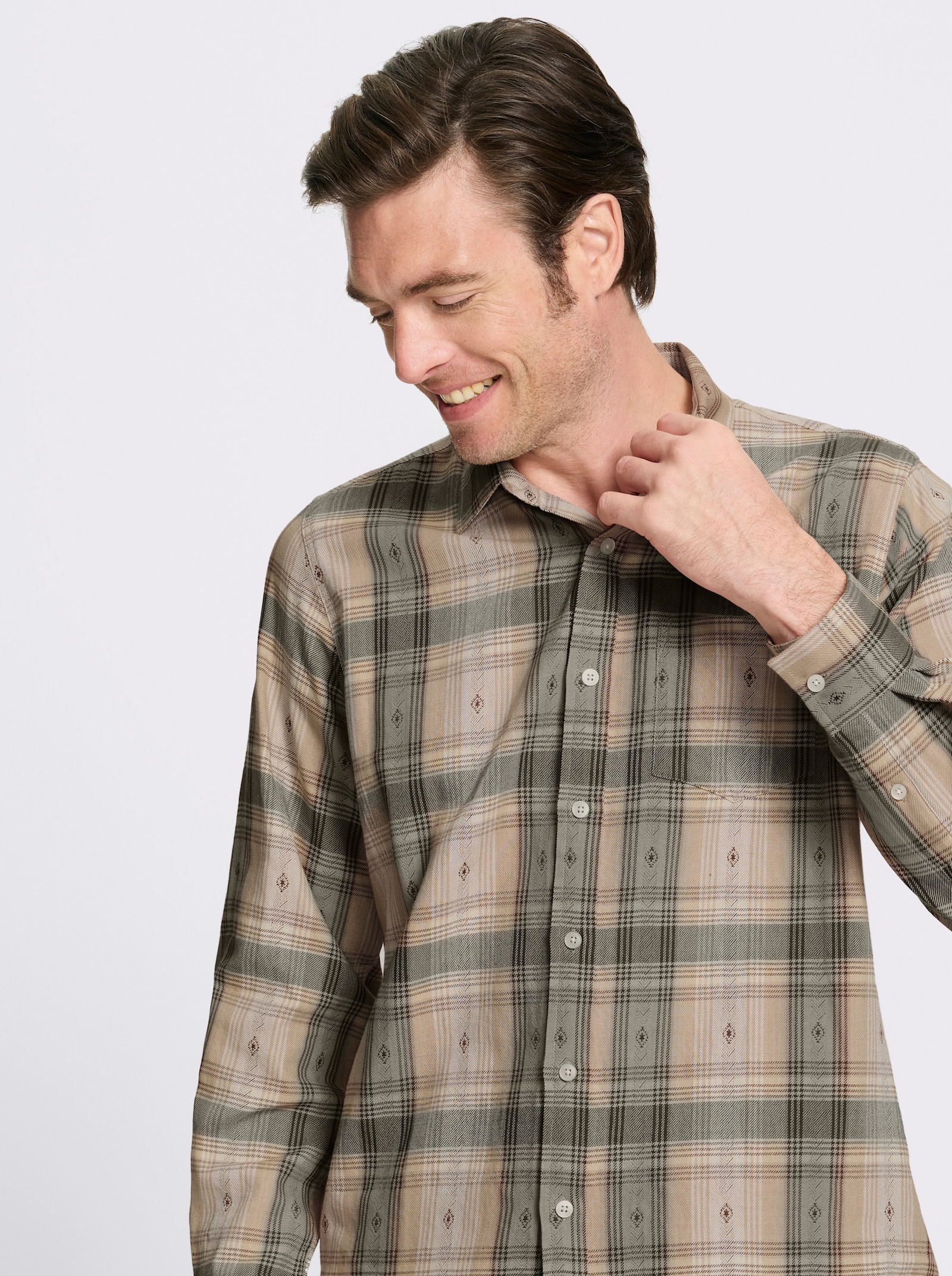 Catamaran Langarmhemd mit Tracht-Elementen - khaki-kariert