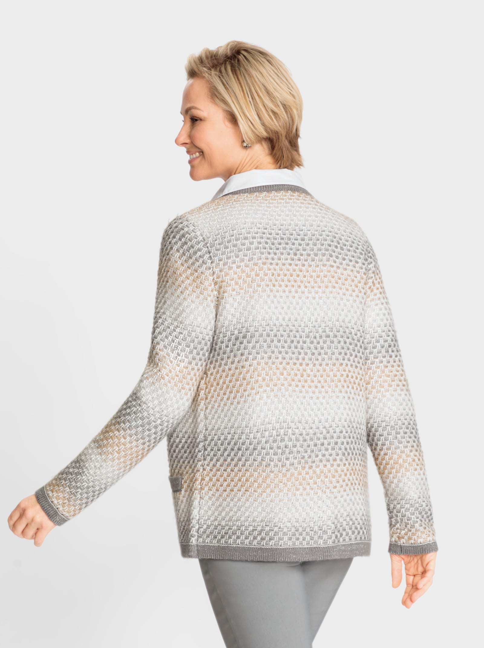 Jacquardstrickjacke mit Glanzgarn - hellgrau-beige-gemustert