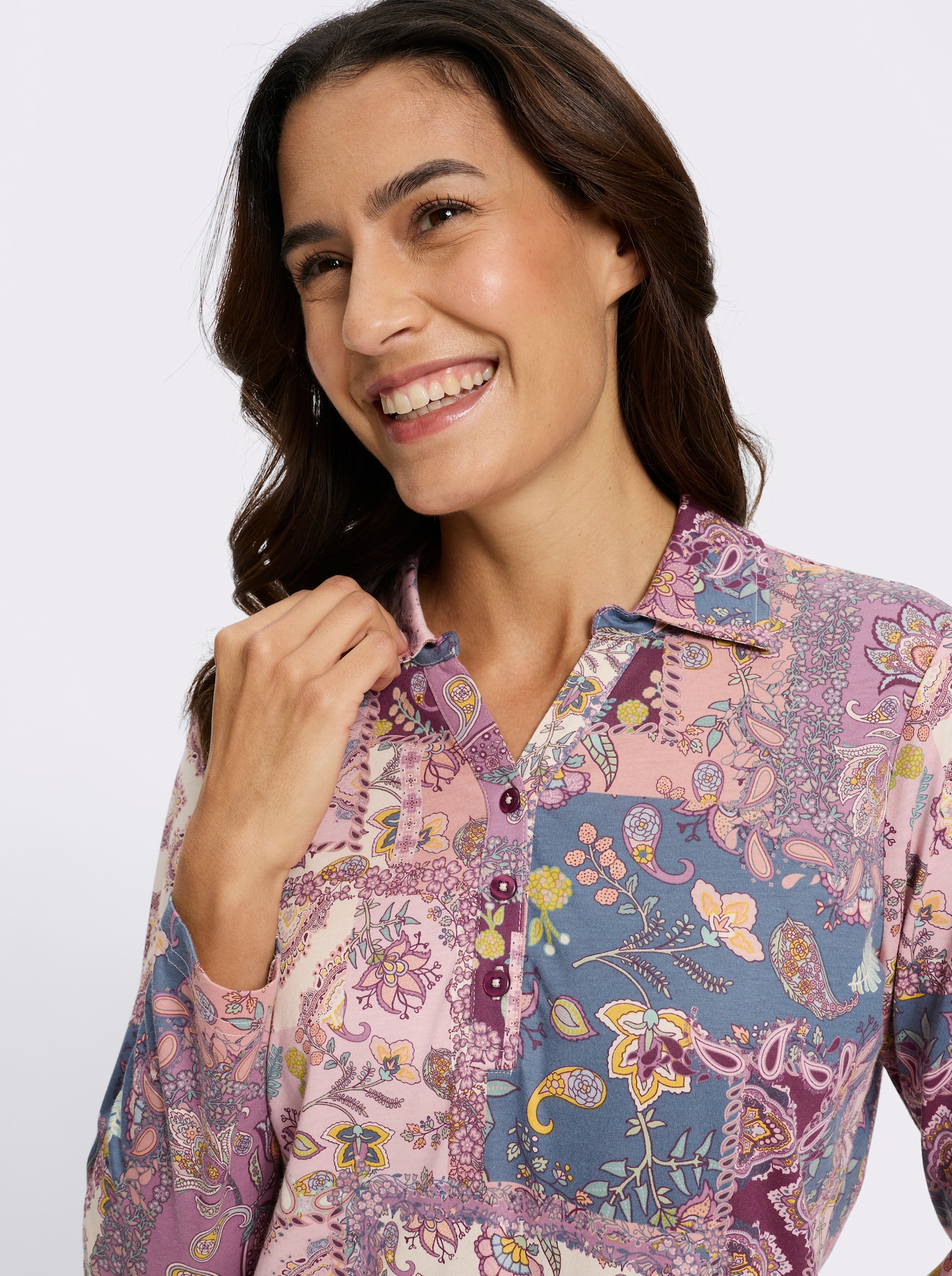 Poloshirt mit kurzer Knopfleiste - burgund-violett-bedruckt