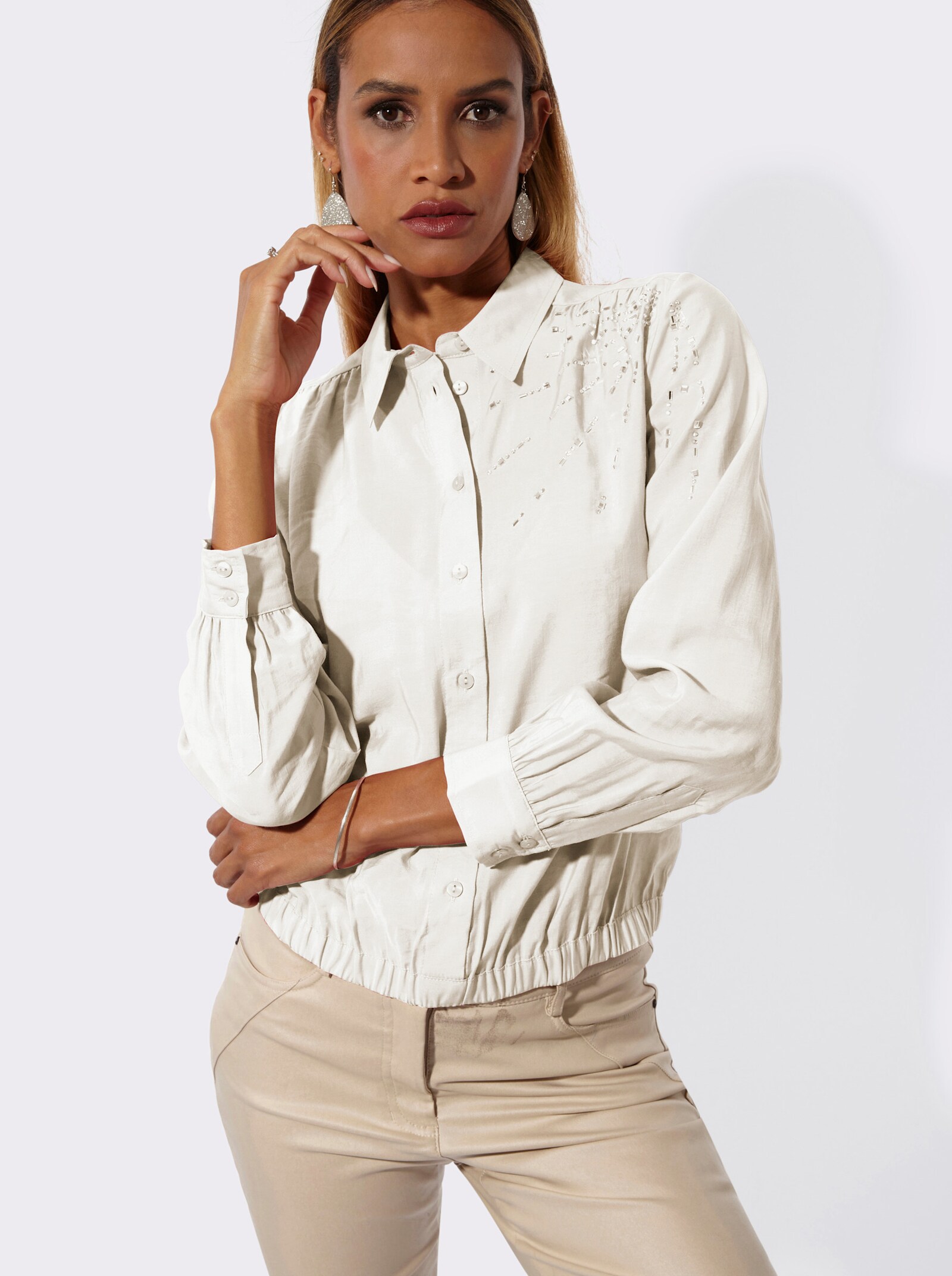 Hemdbluse mit Ziersteinchen - ecru