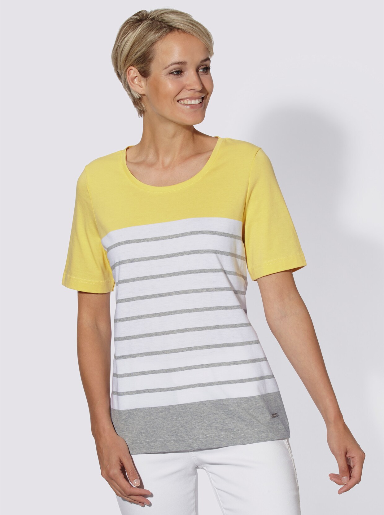 Shirt met ronde hals - geel/grijs gestreept