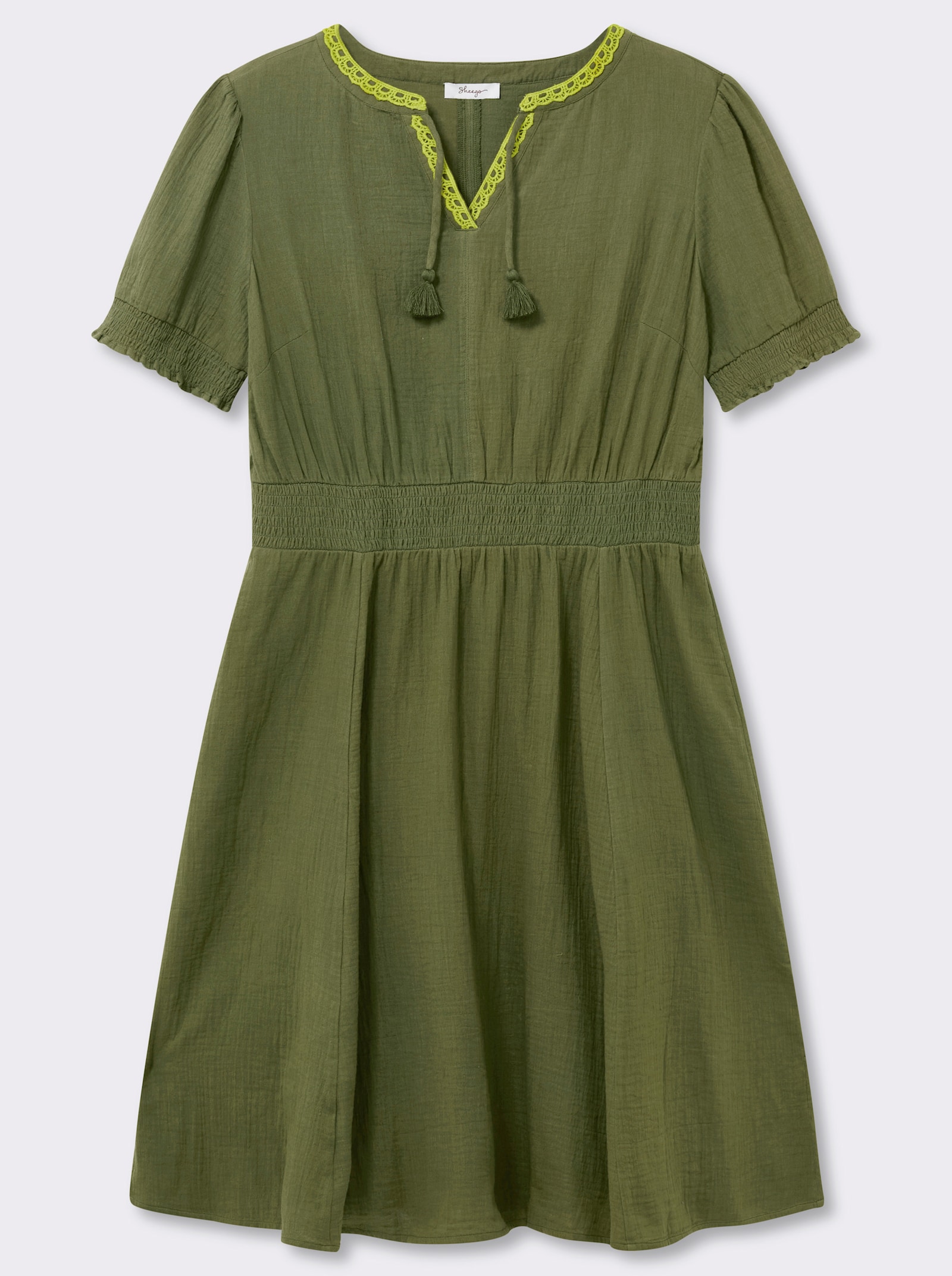 sheego Tunikakleid mit V-Ausschnitt und Bindebändern - oliv-limone