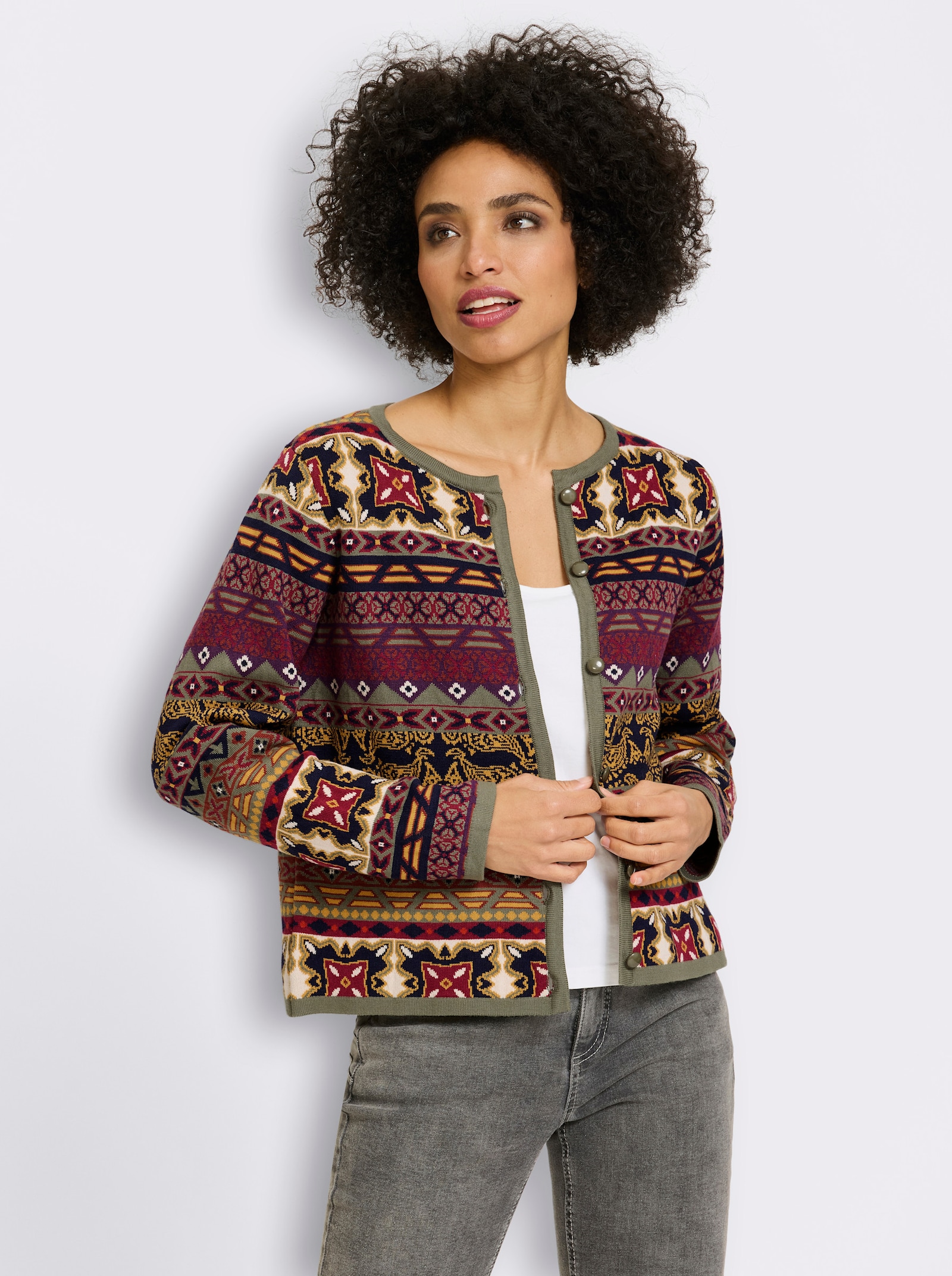 heine Jacquardvest in bonte kleurenmix - marine/oker gedessineerd