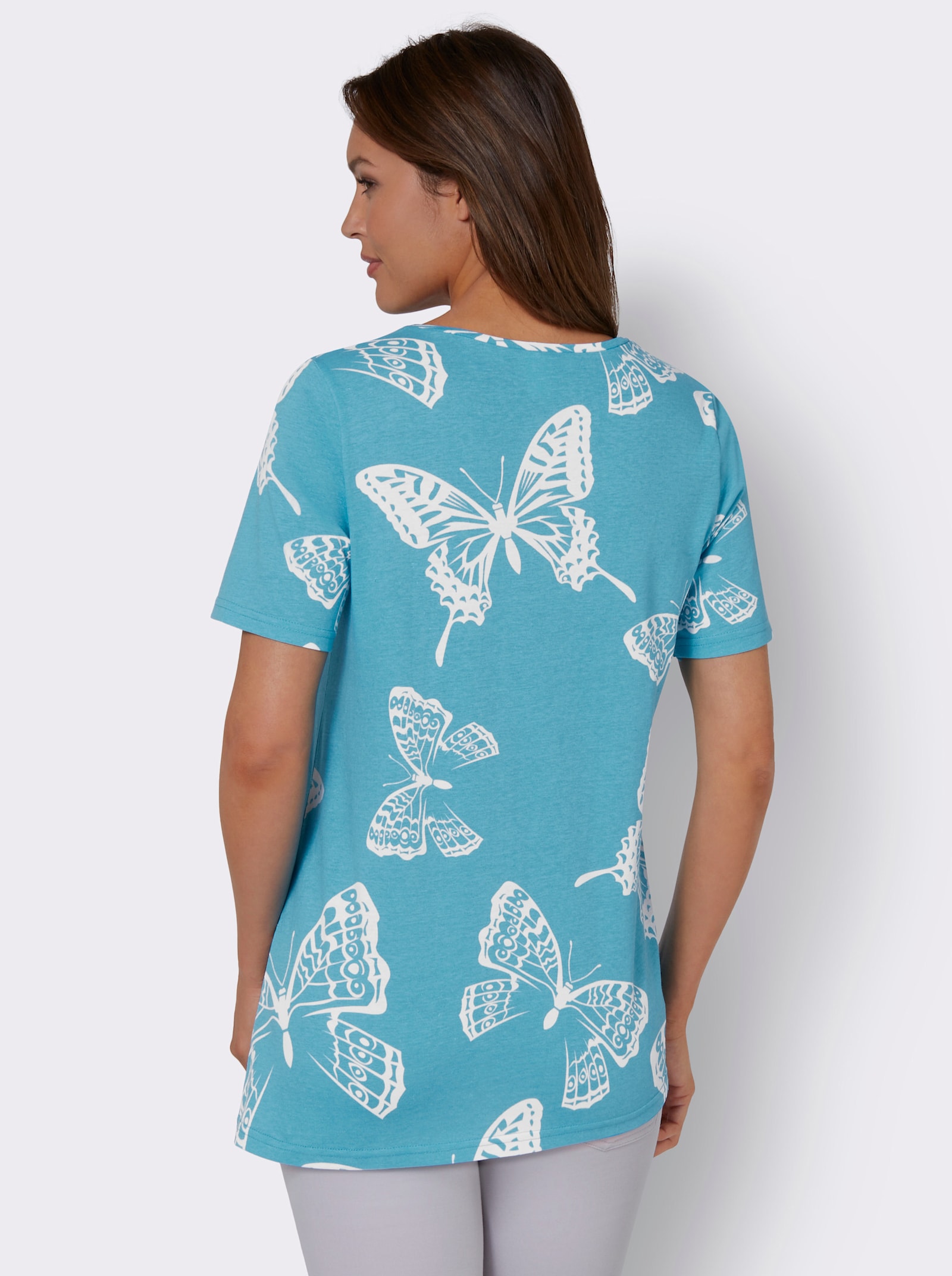 Shirt met korte mouwen en asymmetrische zoom - turquoise gedessineerd