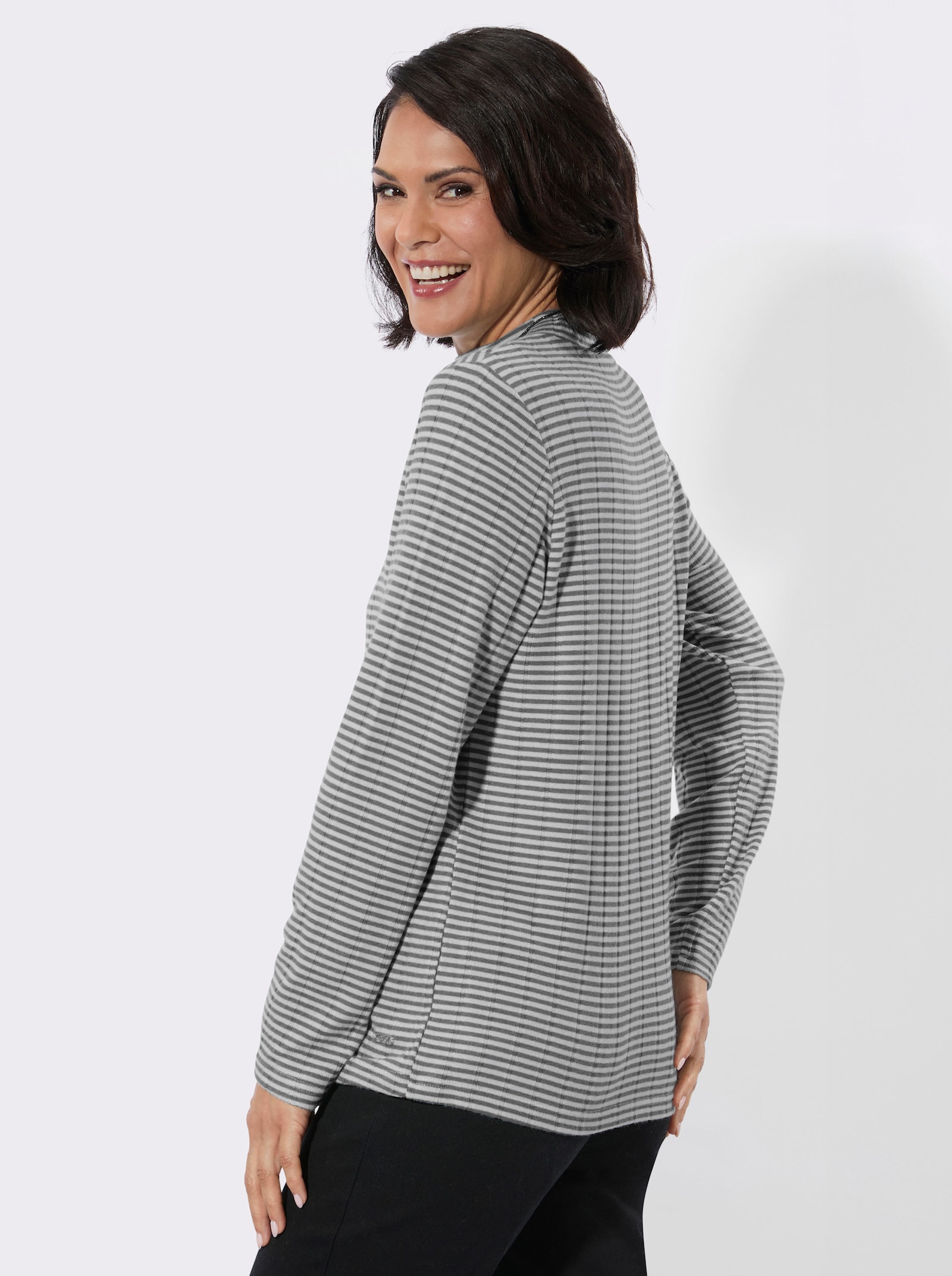 Langarmshirt mit Stehkragen - grau-ecru-geringelt