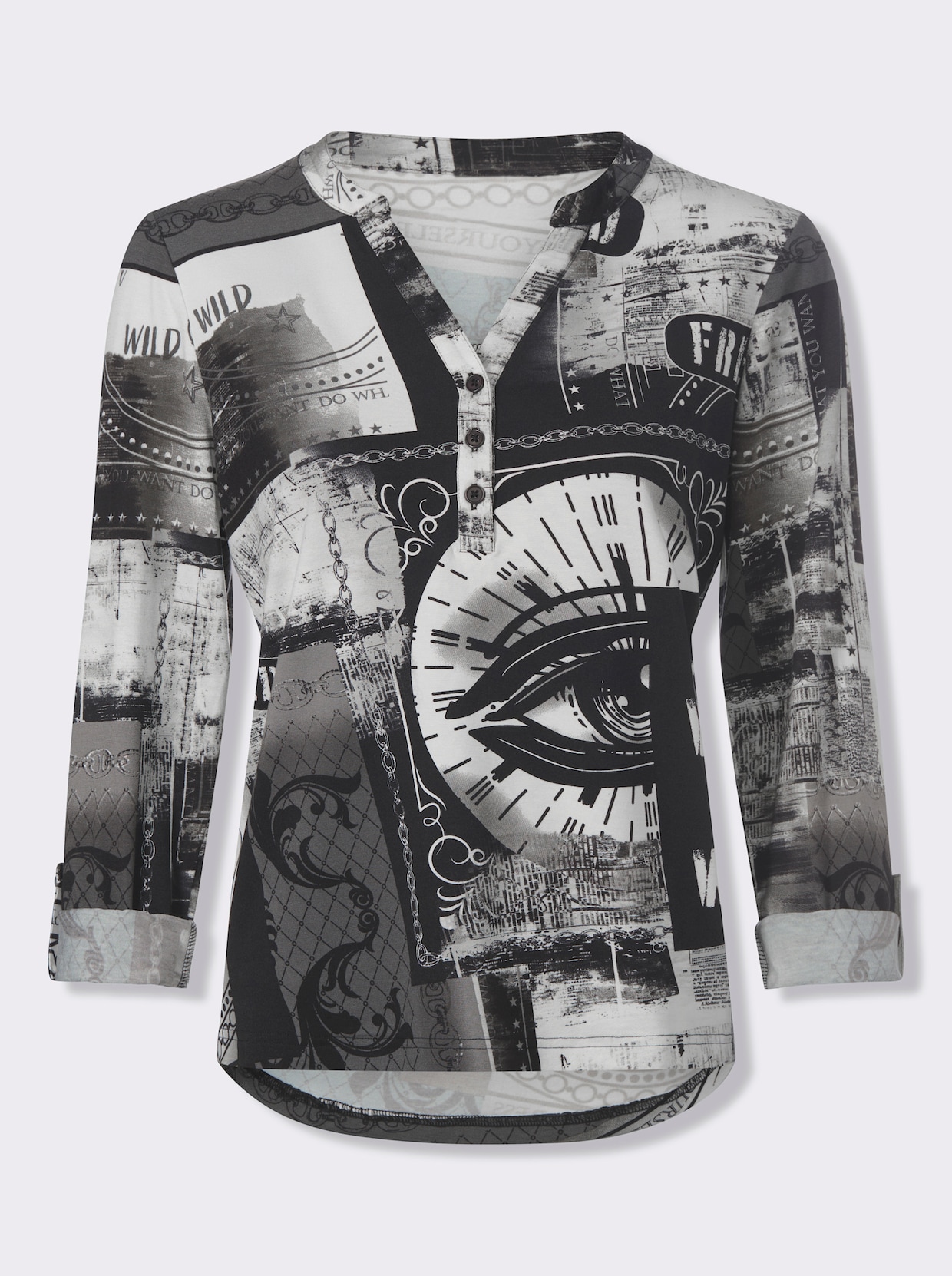 heine Blusenshirt mit kurzer Knopfleiste - weiß-schwarz-bedruckt