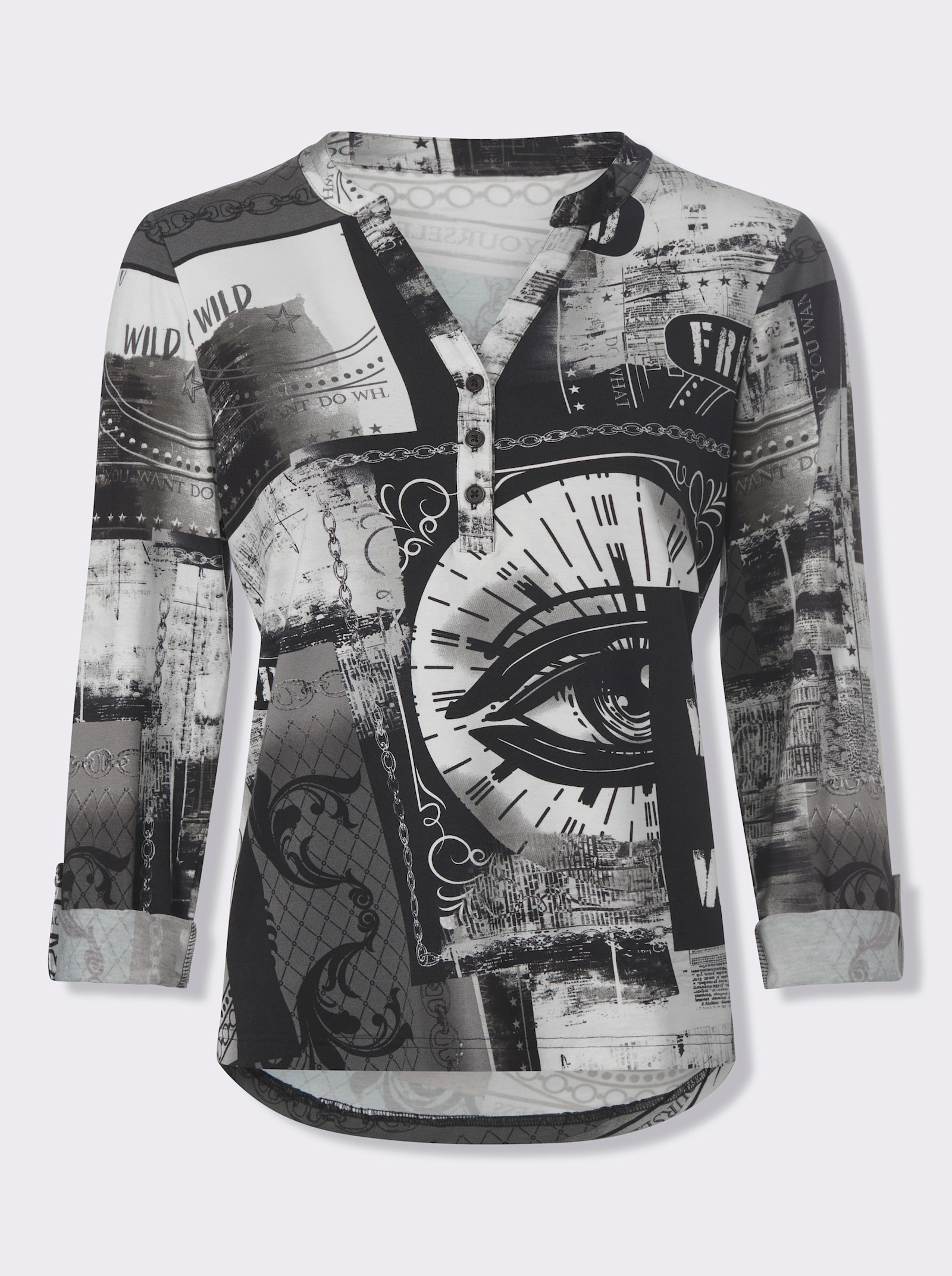 heine Blusenshirt mit kurzer Knopfleiste - weiß-schwarz-bedruckt