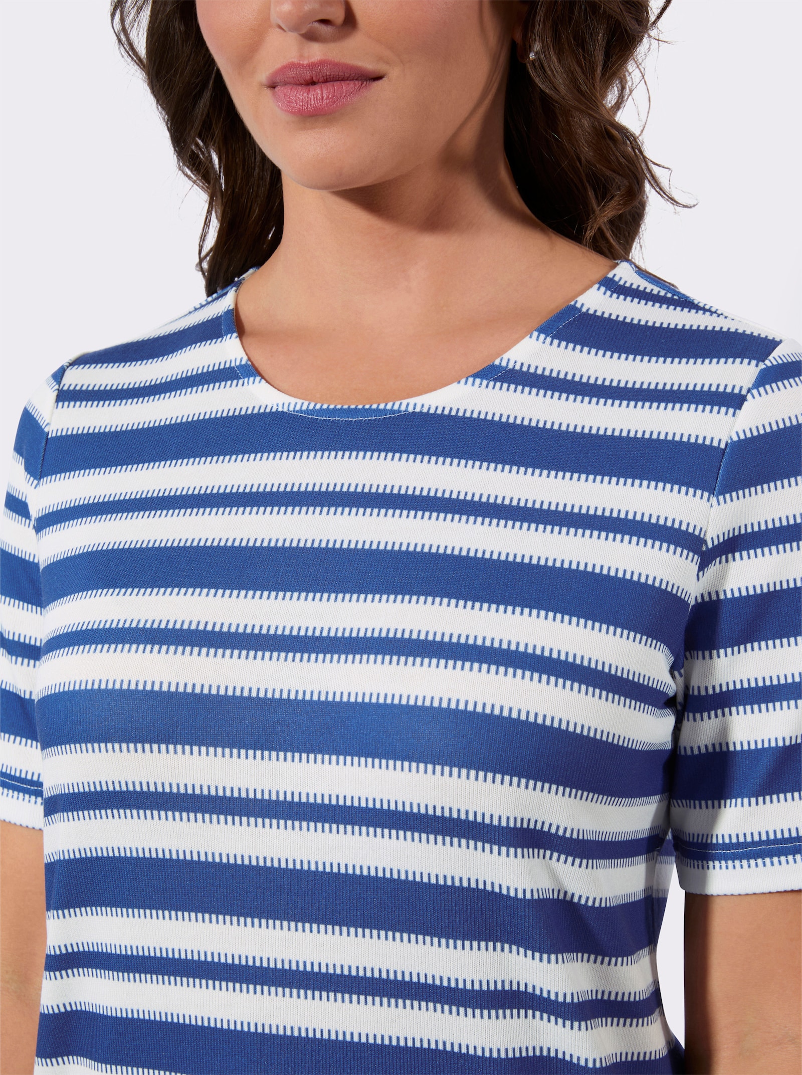 Kurzarmshirt in innen angerauter Qualität - jeansblau-weiß-geringelt