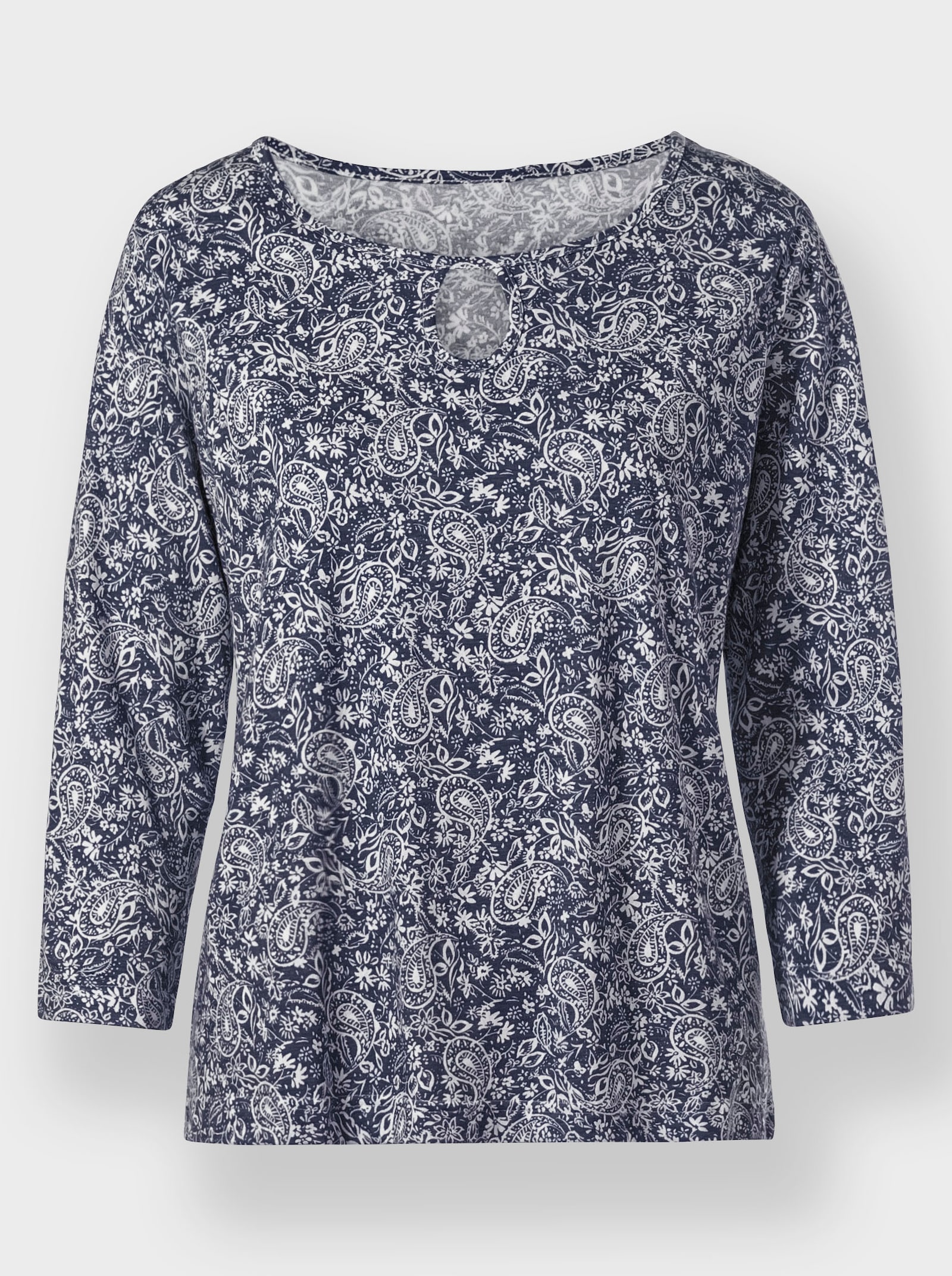 Print-Shirt mit Ausschnitt mit Schlitz - marine-bedruckt