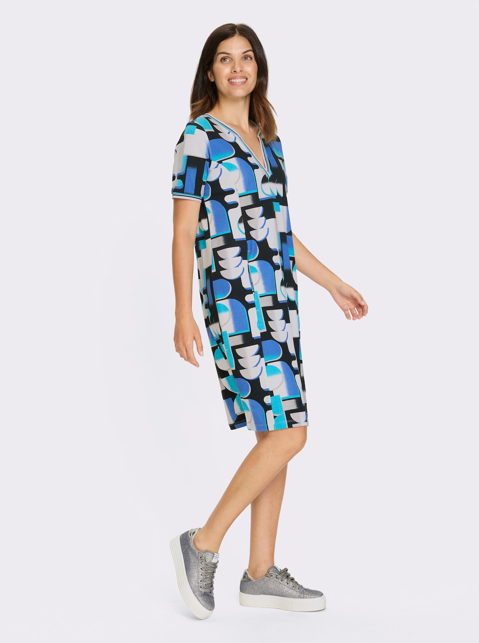 Sweatkleid in Interlock-Qualität - türkis-schwarz-bedruckt