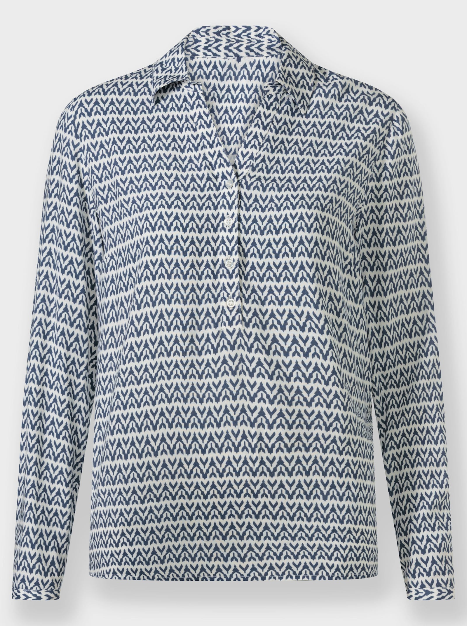 Langarm-Bluse mit offenem Hemdkragen - rauchblau-ecru-bedruckt