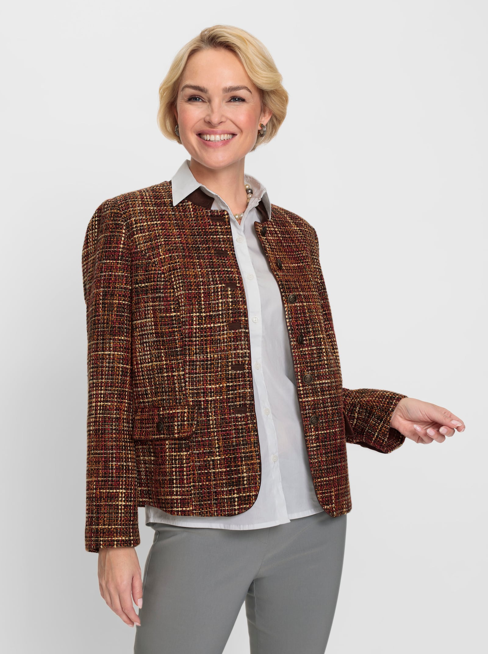 Bouclé-Blazer mit Blenden in Veloursleder-Optik - braun-rostrot-gemustert