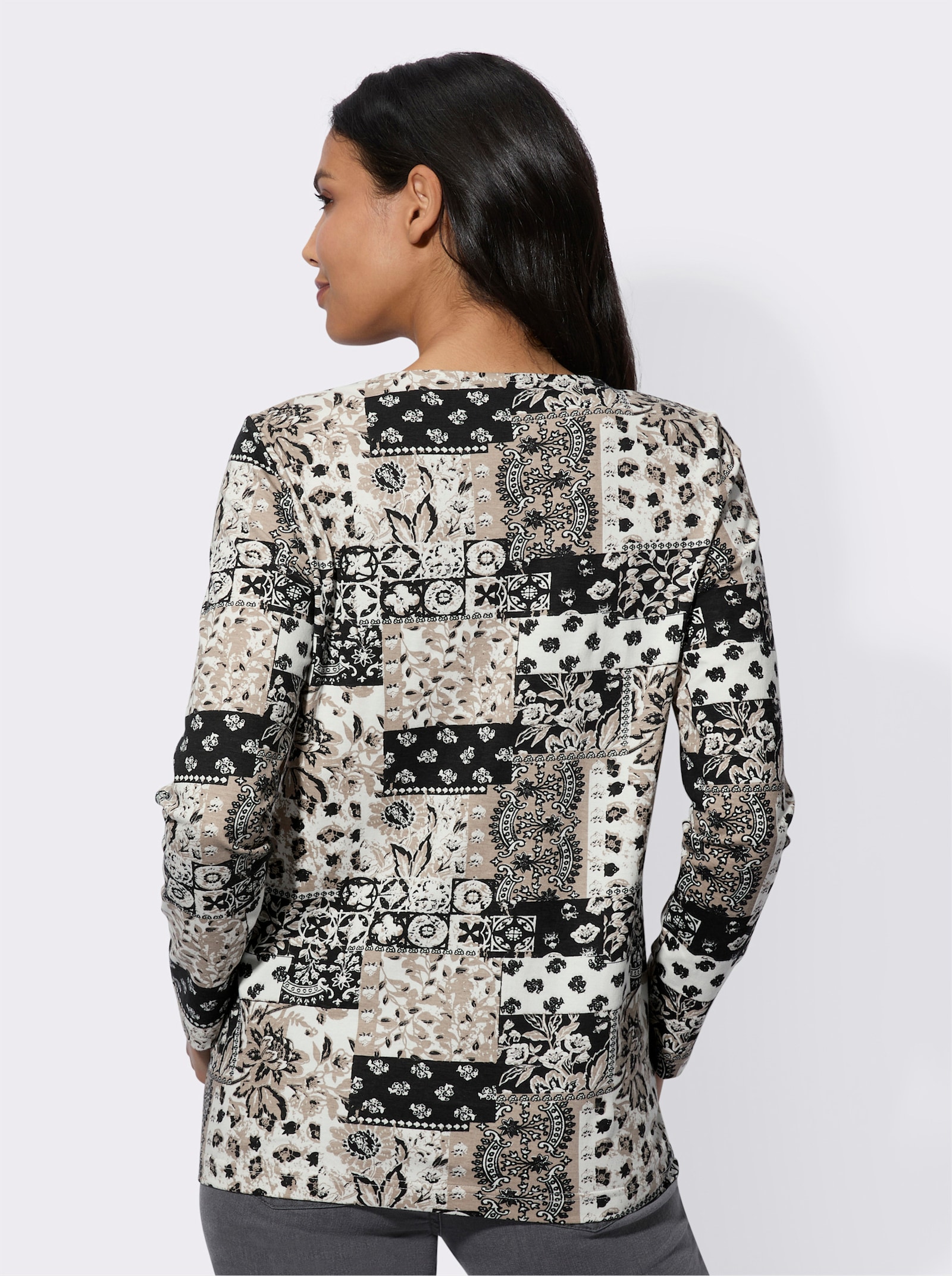Langarmshirt im Patchwork-Look - schwarz-ecru-bedruckt