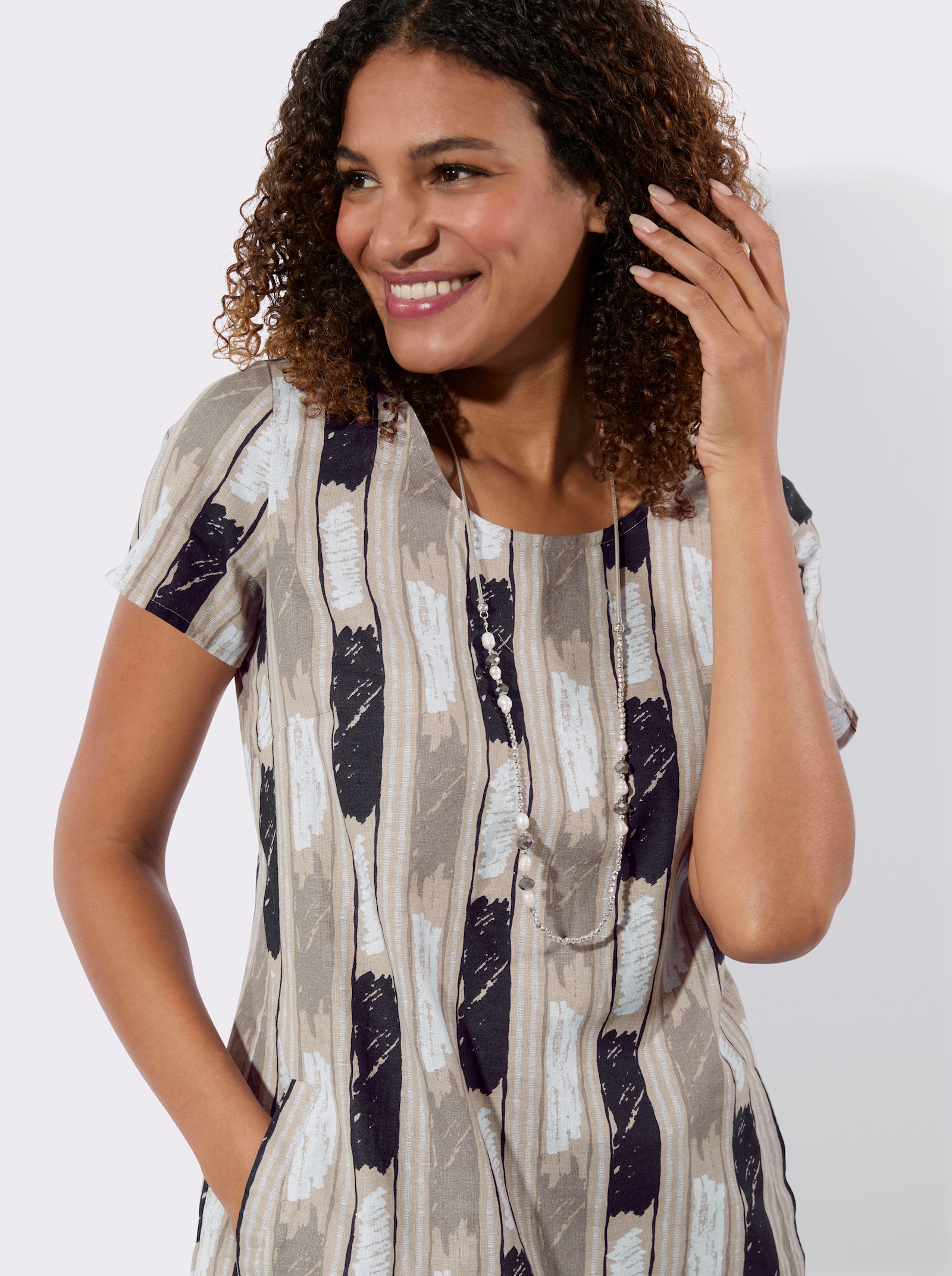 Druckkleid mit seitlichen Taschen - taupe-ecru