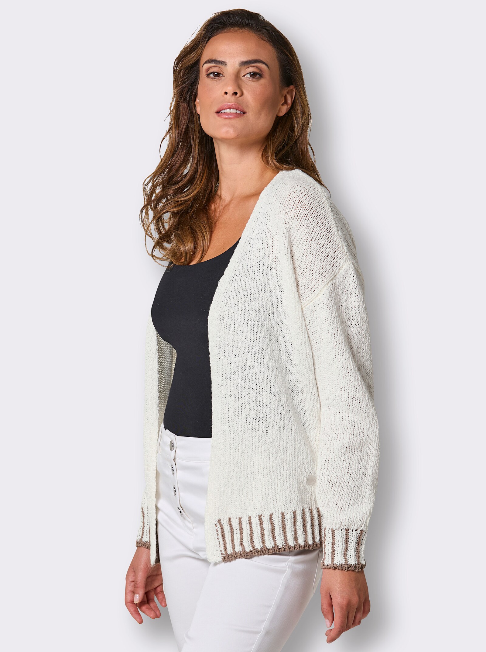 CREATION L PREMIUM Strickjacke mit Kontrast-Streifen - ecru