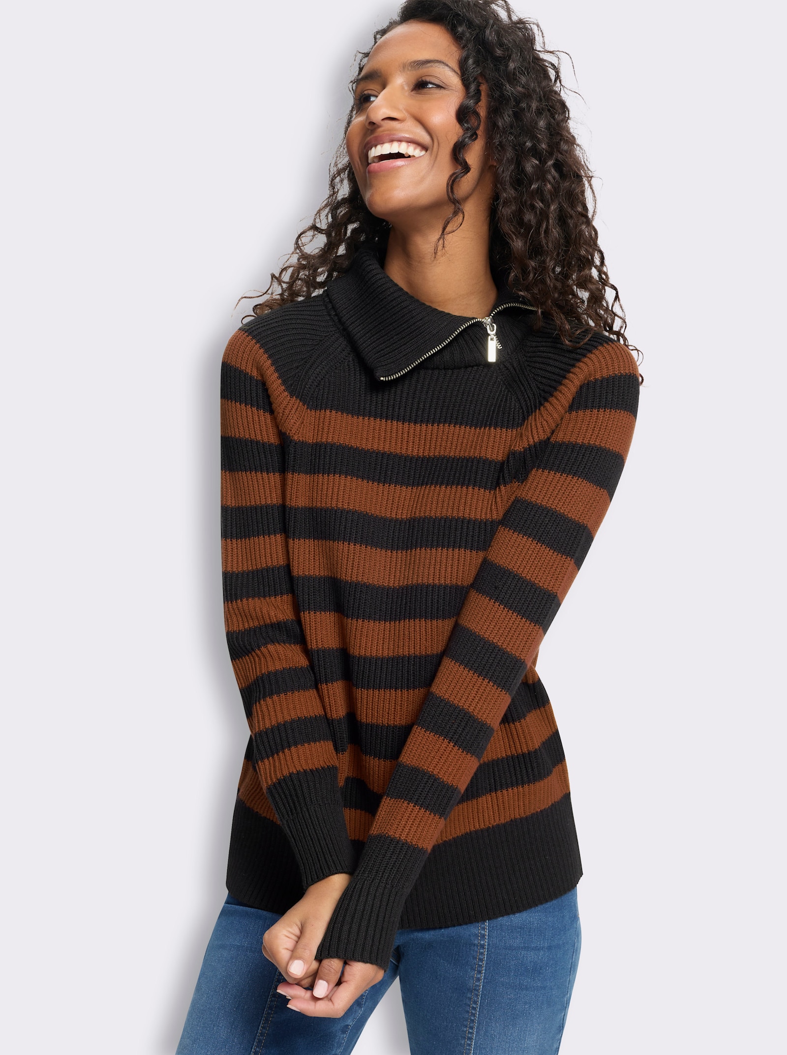 heine Langarm-Pullover mit Ringelstreifen - schwarz-cognac-geringelt