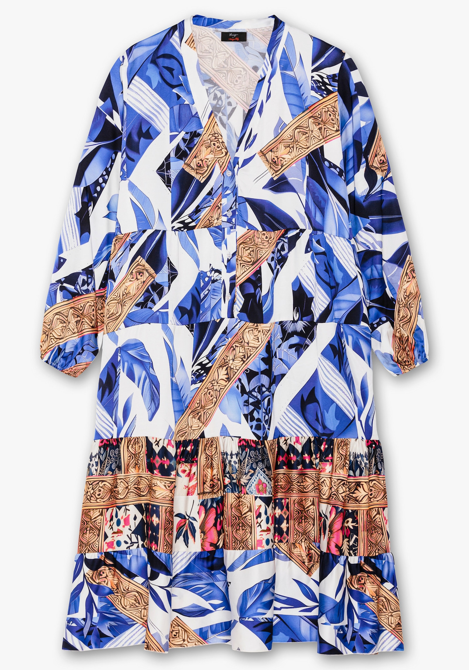 sheego loves miss goodlife Stufenkleid mit Ballonärmeln und V-Ausschnitt - blau bedruckt