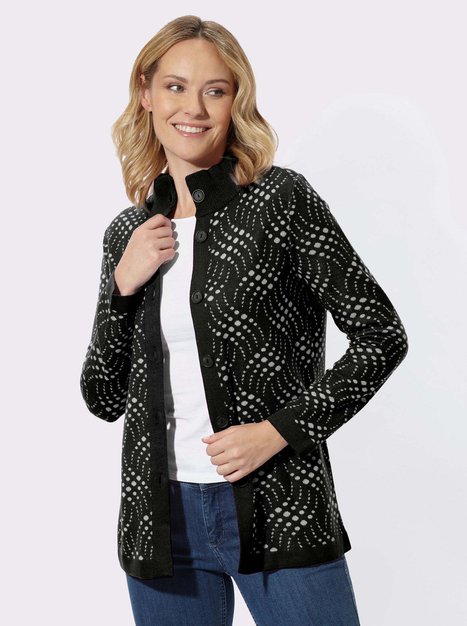 Jacquardstrickjacke mit zweifarbigem Muster - schwarz-ecru-gemustert