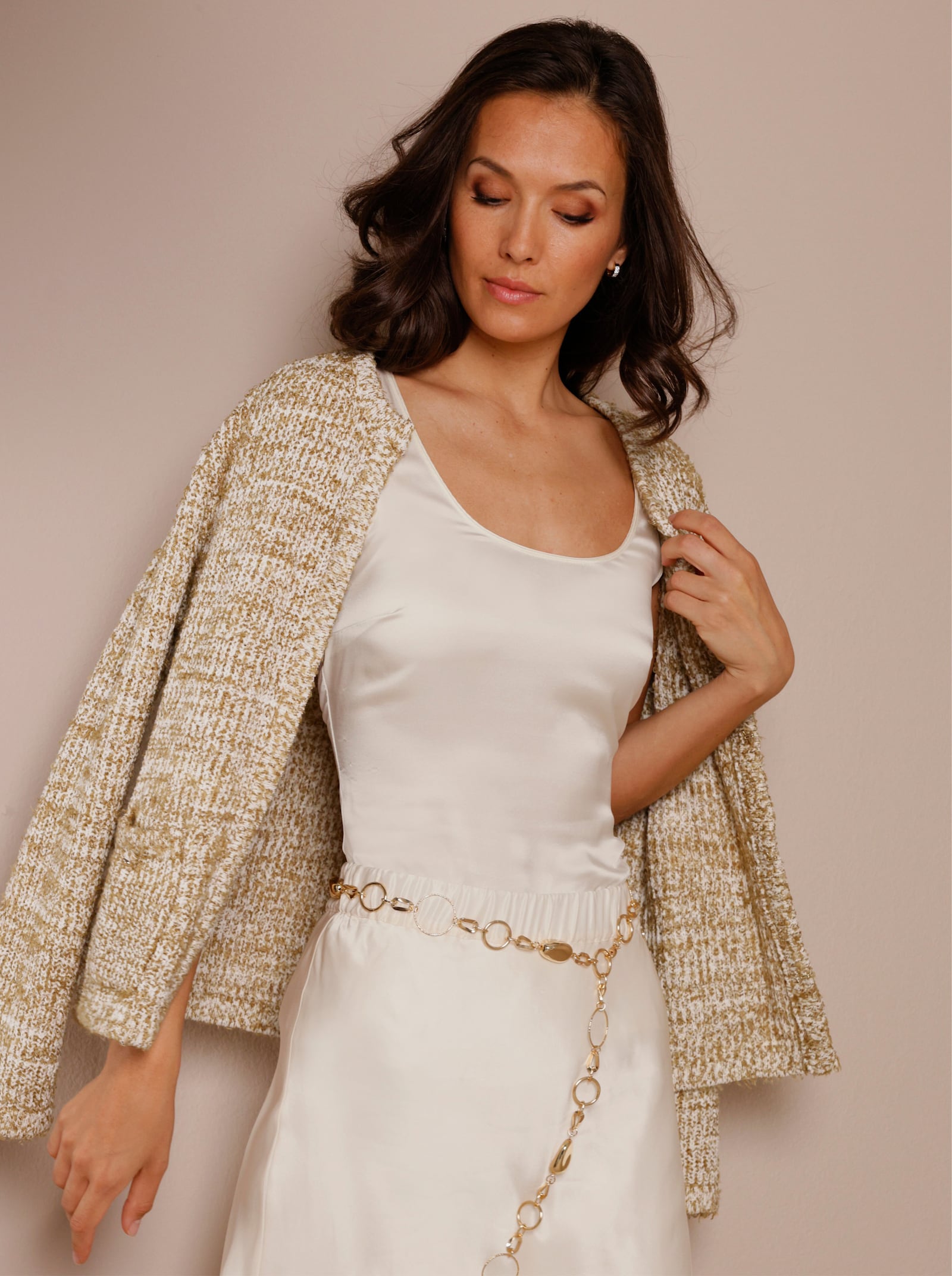 CREATION L PREMIUM Strickjacke aus Bändchengarn - champagner-camel