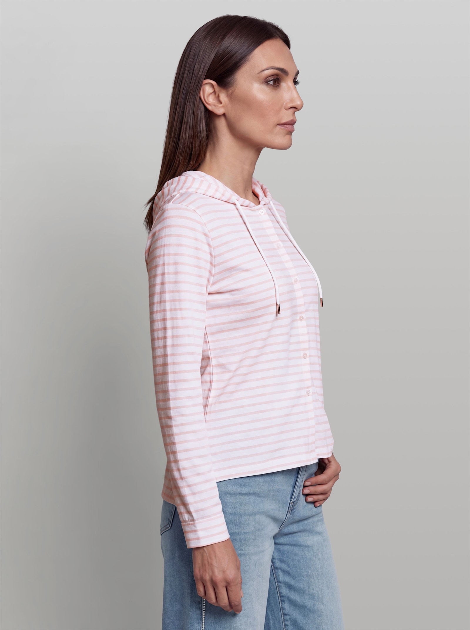 heine Streifenshirt mit Kapuze - weiß-hellrosé-geringelt