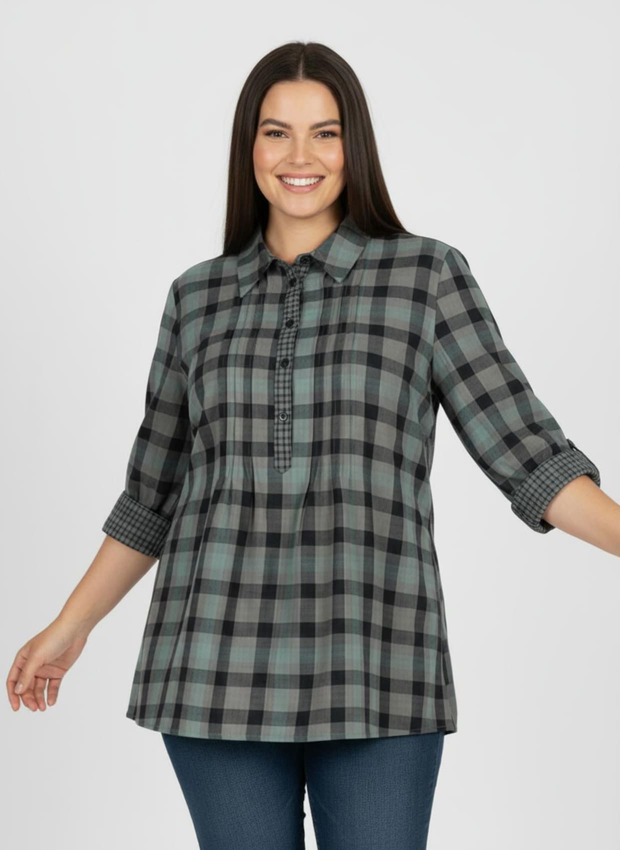 Langarmbluse mit Biesen, kariert - jade-kariert