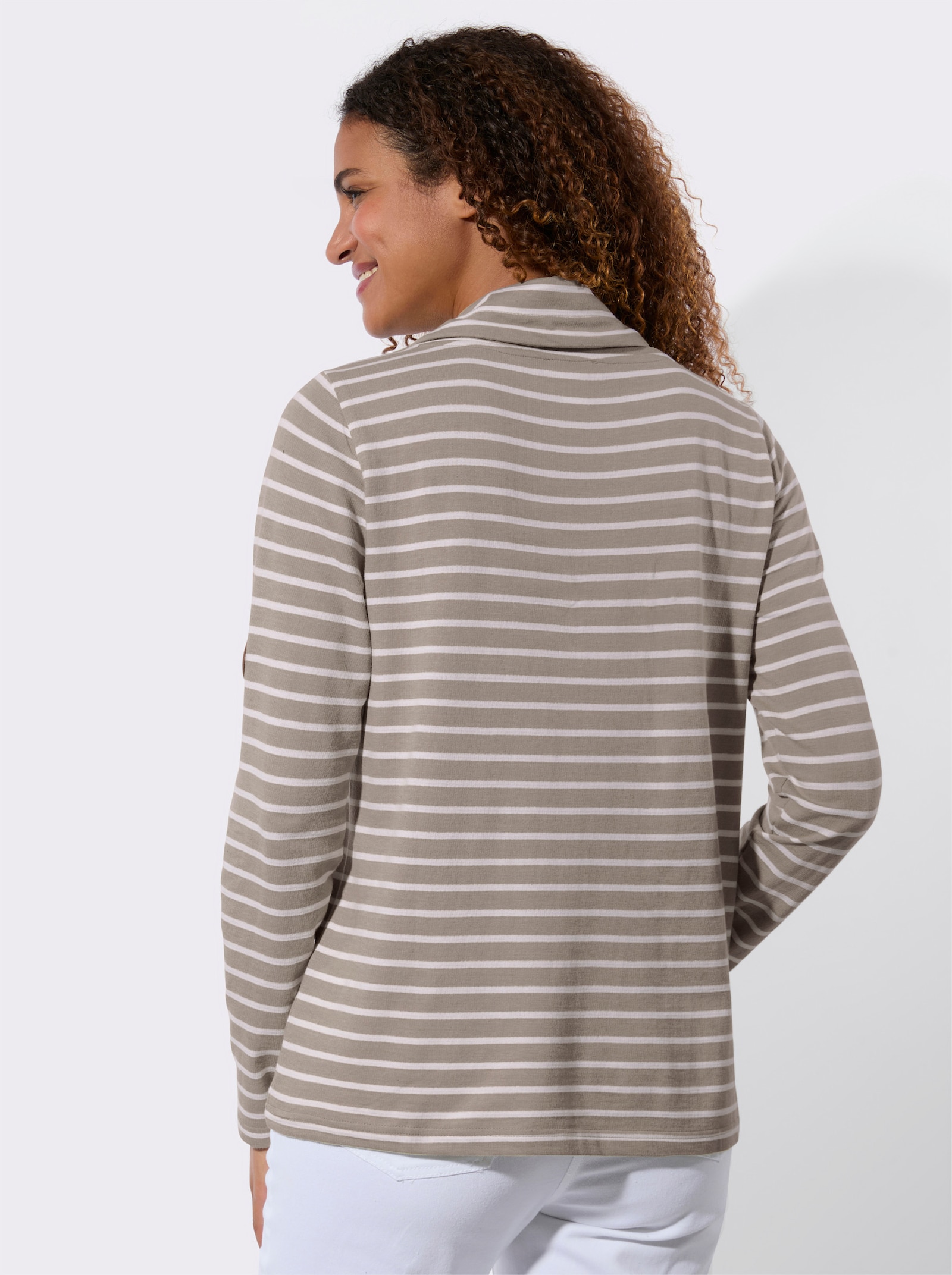 Sweatshirt mit regulierbarem Rollkragen - taupe-weiß-geringelt