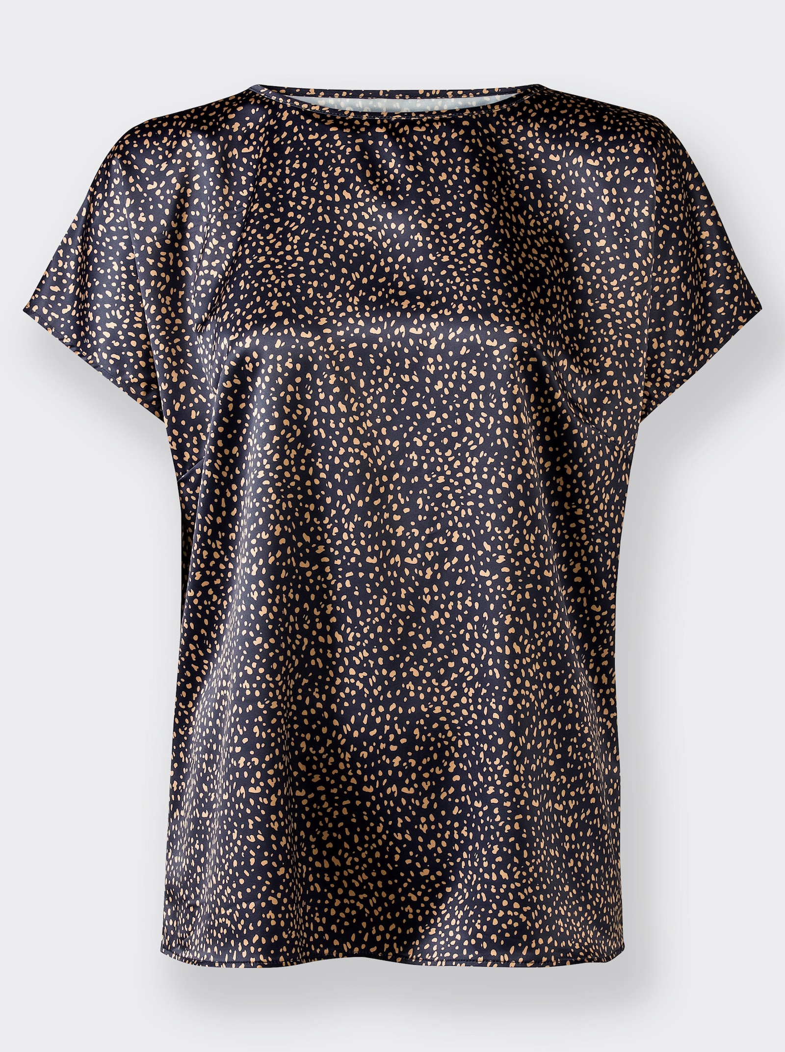 Satijnen blouse met boothals - marine/camel bedrukt