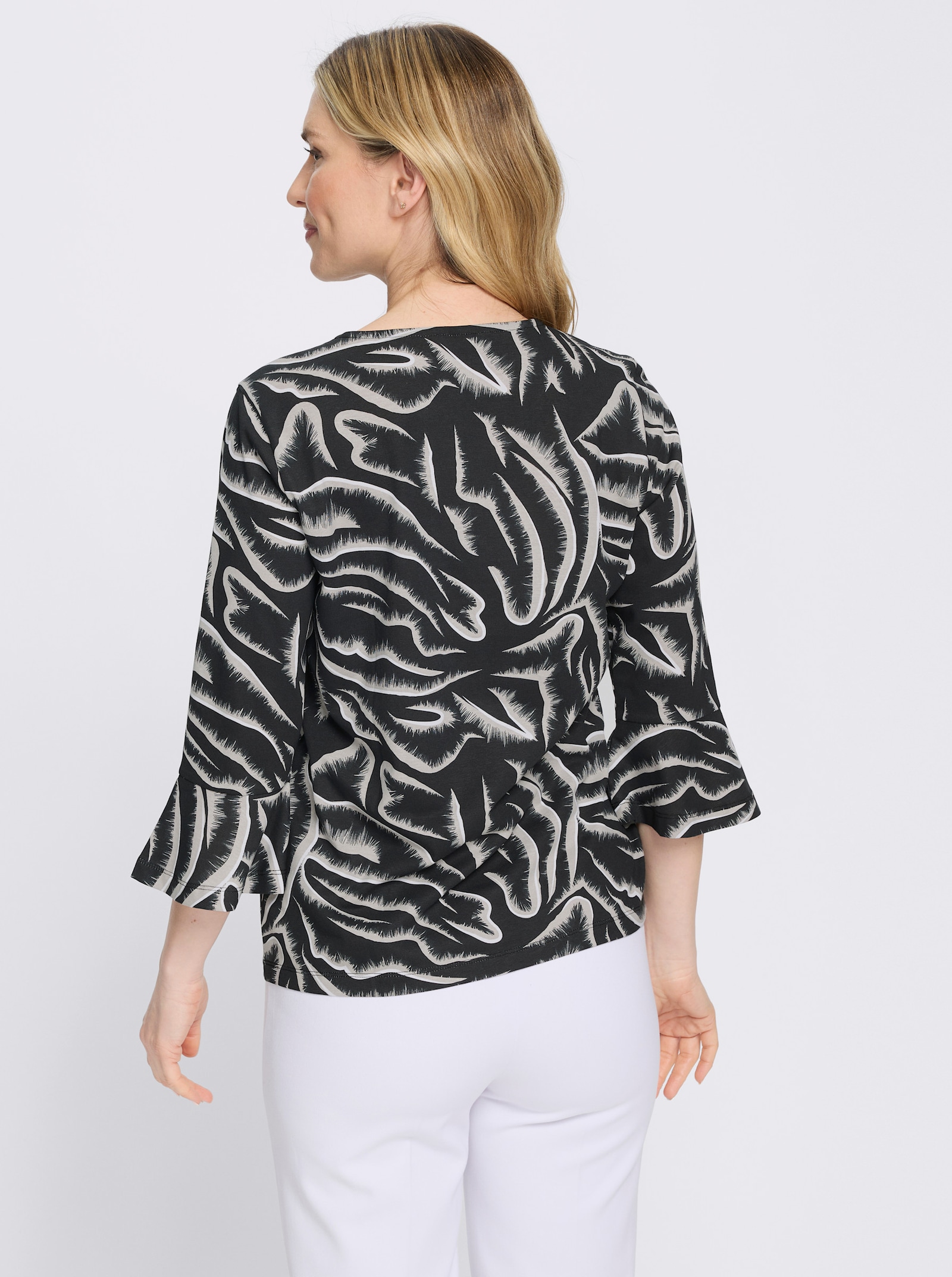 Rundhalsshirt mit Volants an den Ärmeln - schwarz-weiß-bedruckt