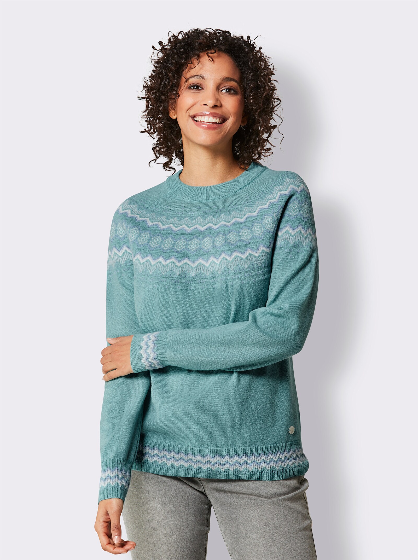 CREATION L PREMIUM Jacquard-Pullover im Norweger-Stil - jade-steingrau-gemustert