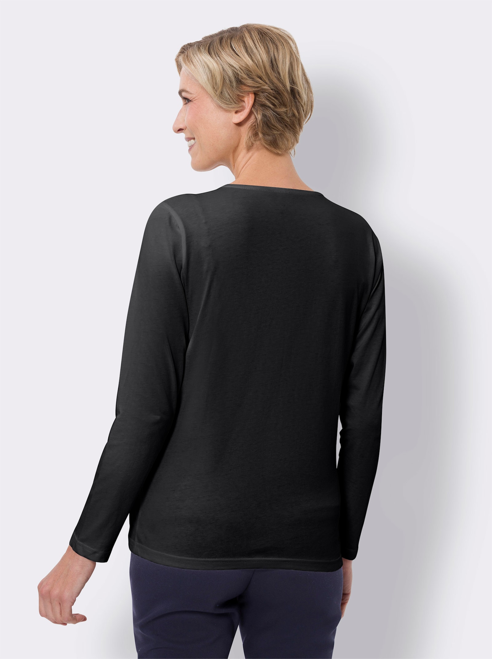 Rundhalsshirt mit Zierknöpfen - schwarz