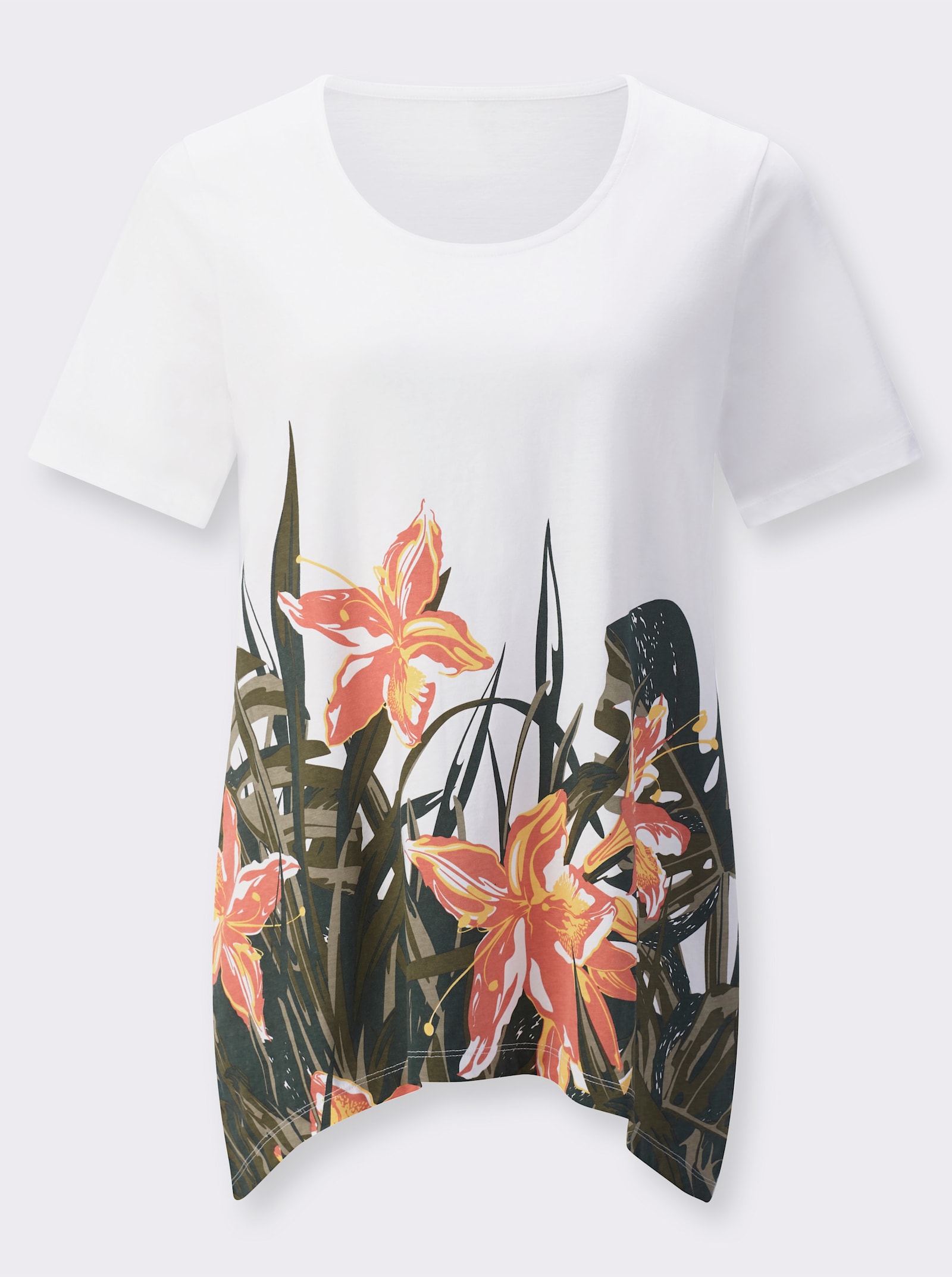 Zipfelshirt mit platziertem Blüten-Print - ecru-gelb-bedruckt