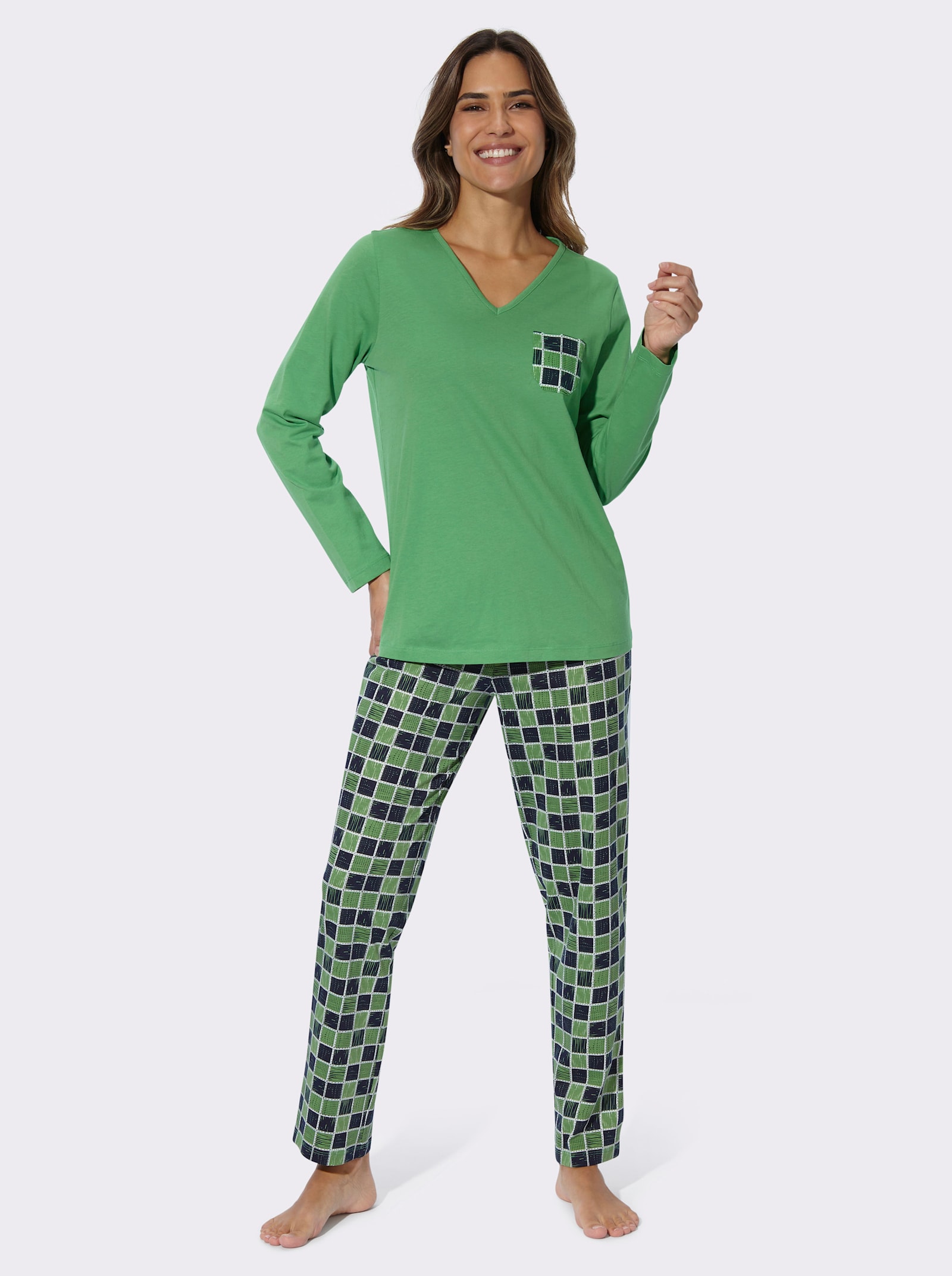 Schlafanzug mit gemusterter Brusttasche - apfel-marine-bedruckt