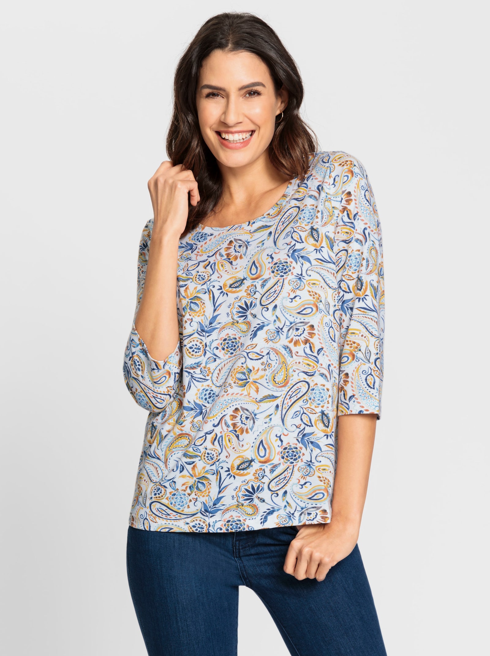 Shirt met print en 3/4-mouwen - oker/jeansblauw bedrukt