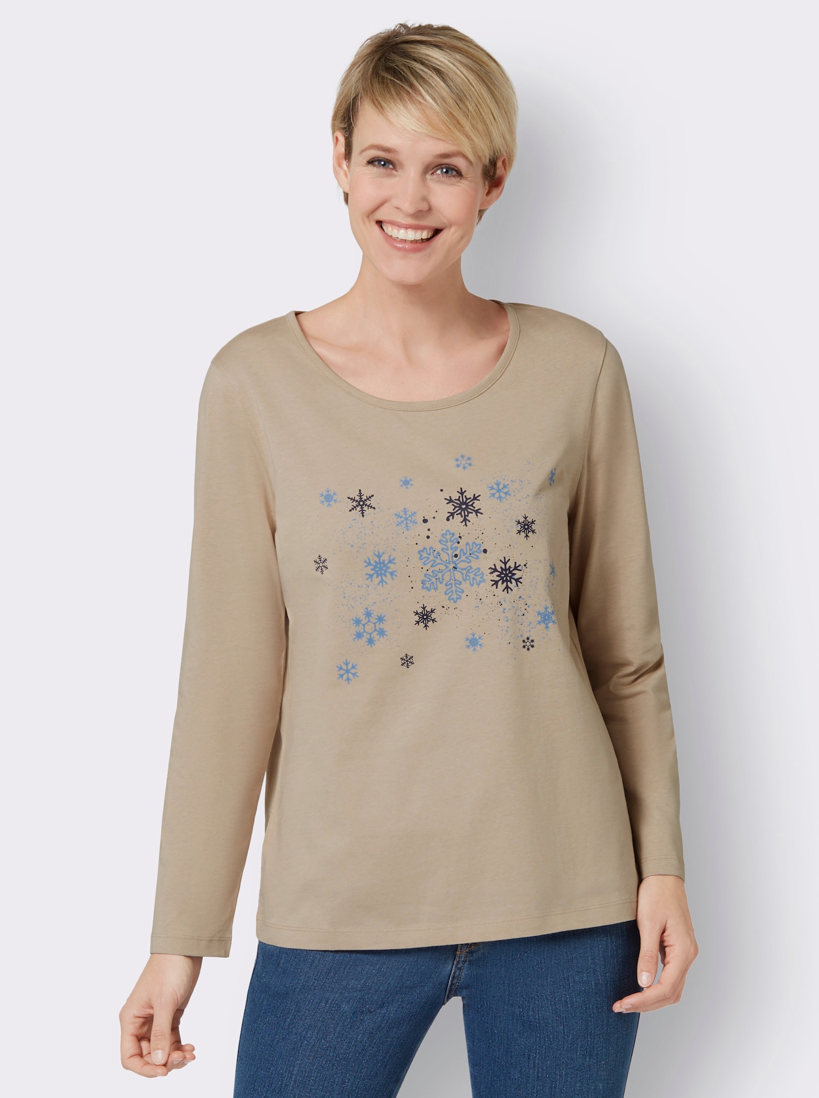Langarmshirt mit Schneeflocken-Druck - beige-himmelblau