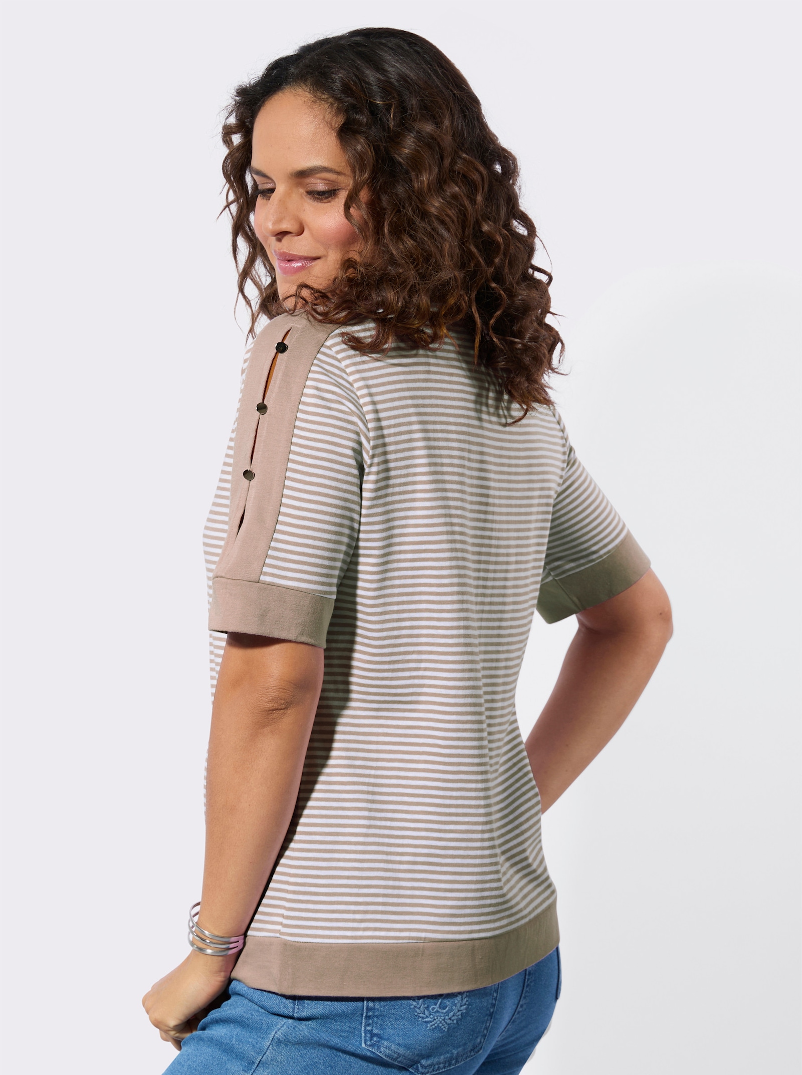 T-shirt rayé avec passepoils contrastés - sésame-blanc à rayures fines