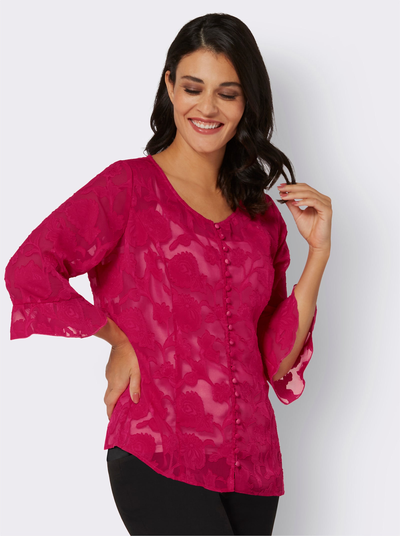 Volantbluse mit Rundhals-Ausschnitt - pink